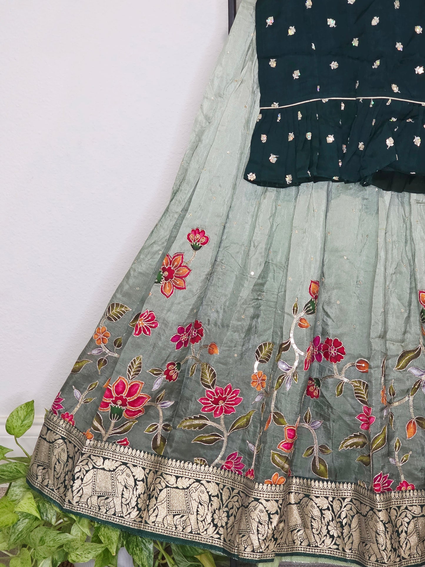 Deep Emerald Green & Sage Munga Benarasi Floral Embroidery Lehenga Crop Top Set for Girls