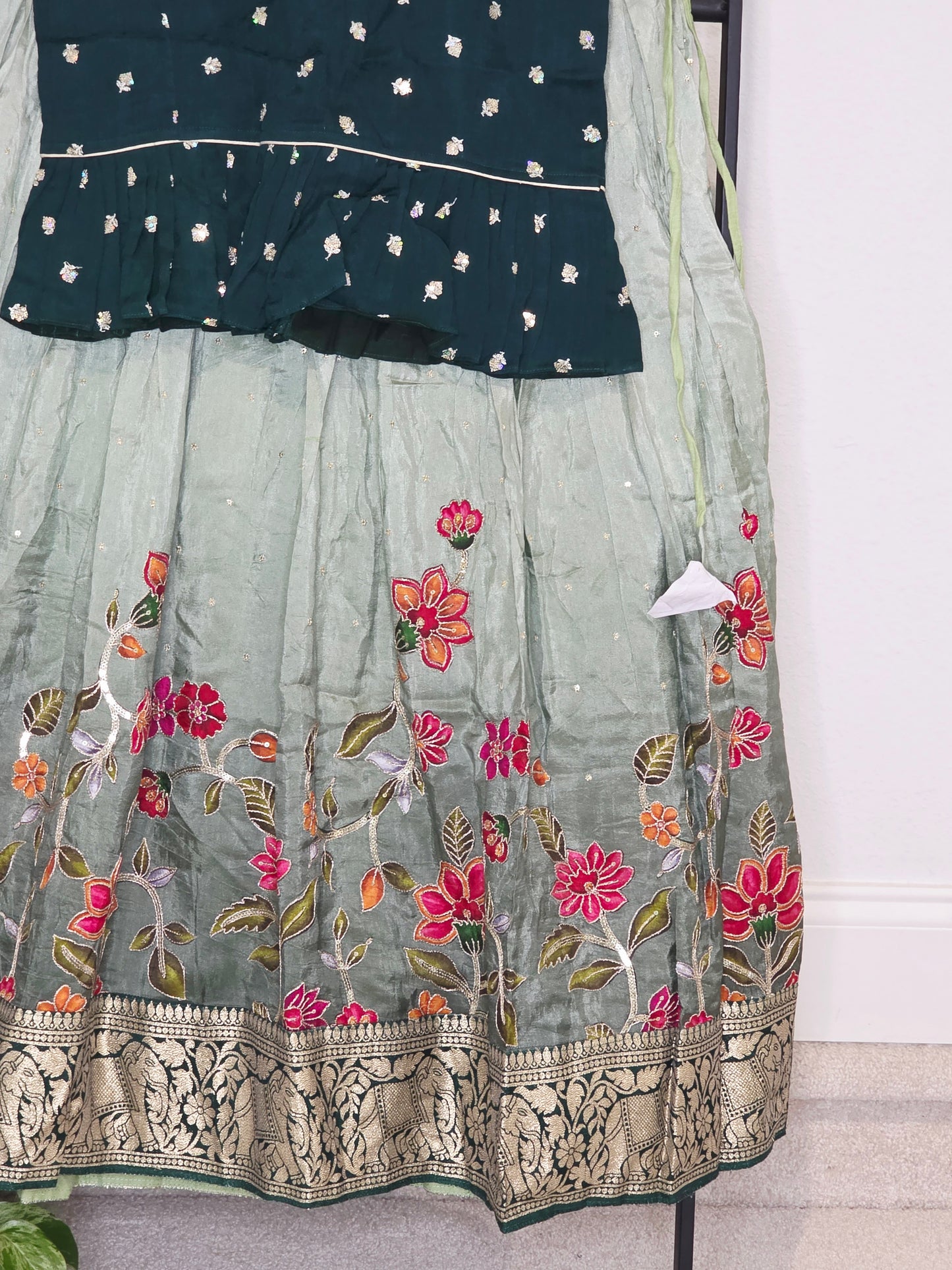 Deep Emerald Green & Sage Munga Benarasi Floral Embroidery Lehenga Crop Top Set for Girls