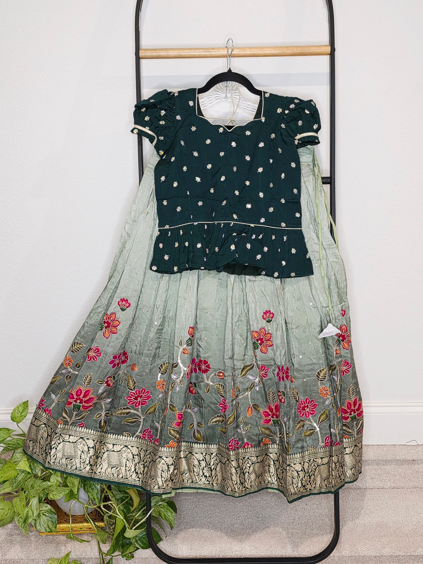 Deep Emerald Green & Sage Munga Benarasi Floral Embroidery Lehenga Crop Top Set for Girls