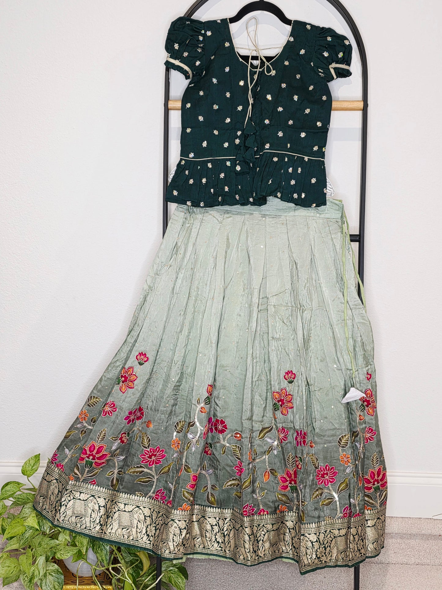 Deep Emerald Green & Sage Munga Benarasi Floral Embroidery Lehenga Crop Top Set for Girls