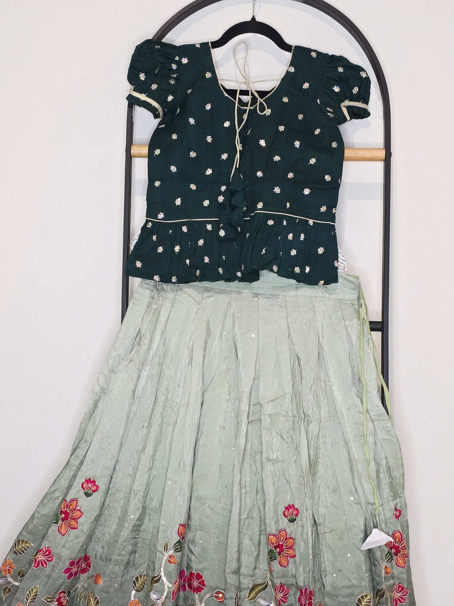 Deep Emerald Green & Sage Munga Benarasi Floral Embroidery Lehenga Crop Top Set for Girls