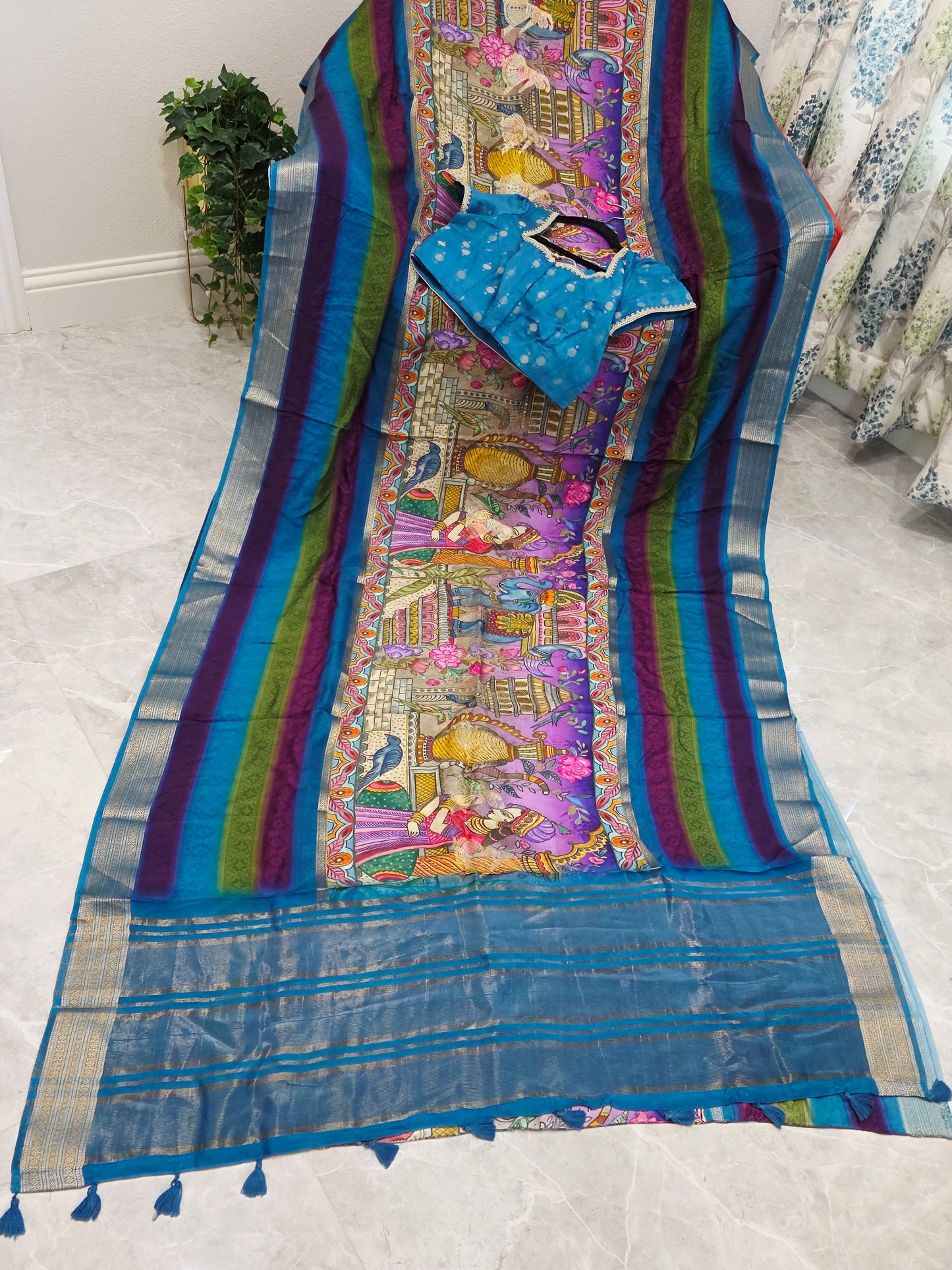 Royal Peacock Blue Designer Crepe Georgette Silk Saree with Ready Blouse