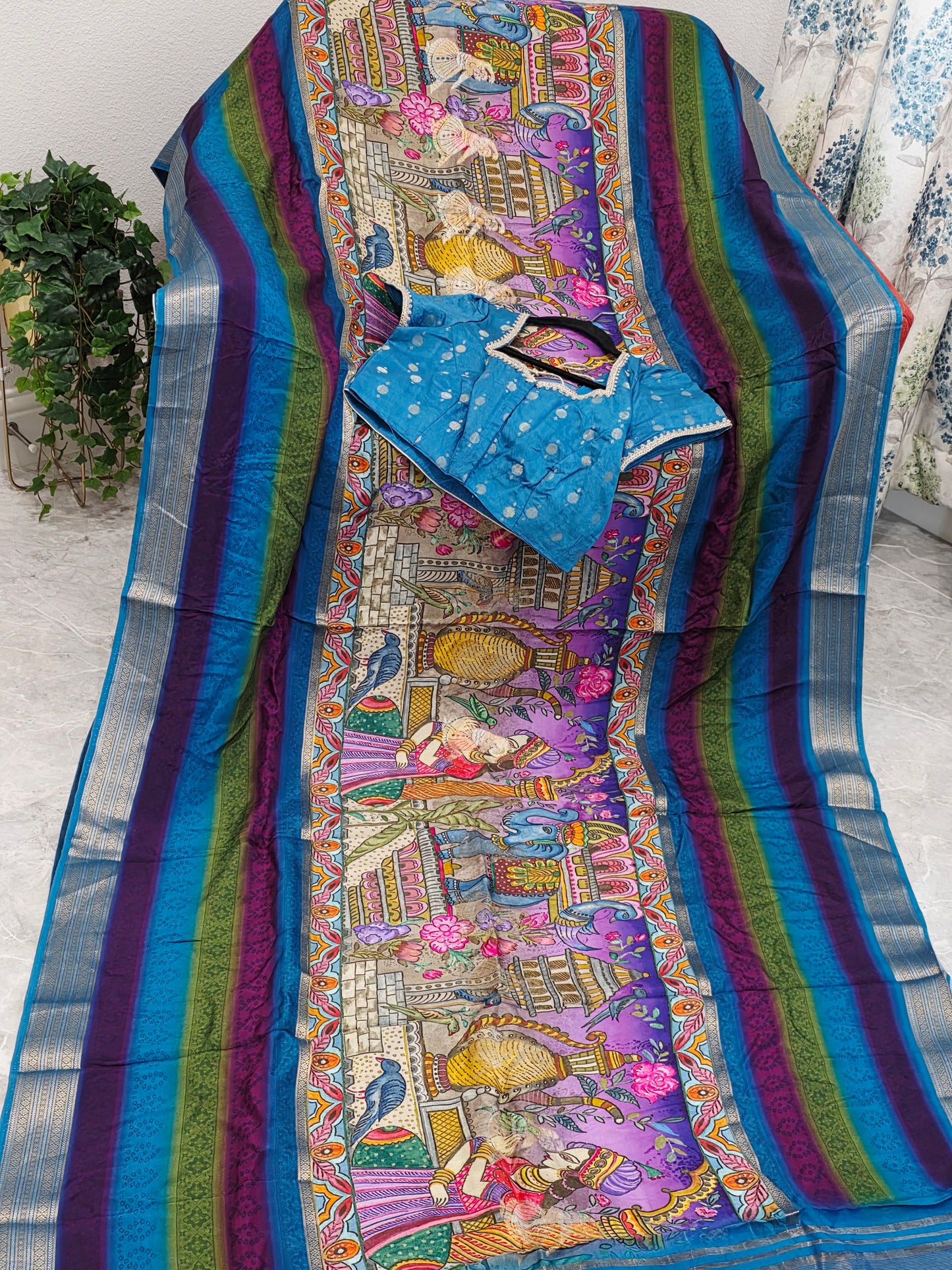 Royal Peacock Blue Designer Crepe Georgette Silk Saree with Ready Blouse
