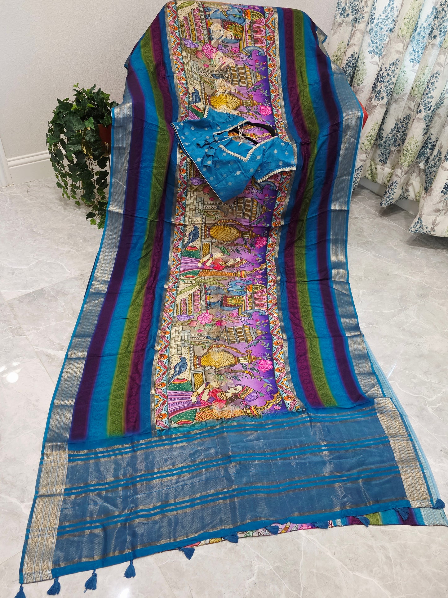 Royal Peacock Blue Designer Crepe Georgette Silk Saree with Ready Blouse