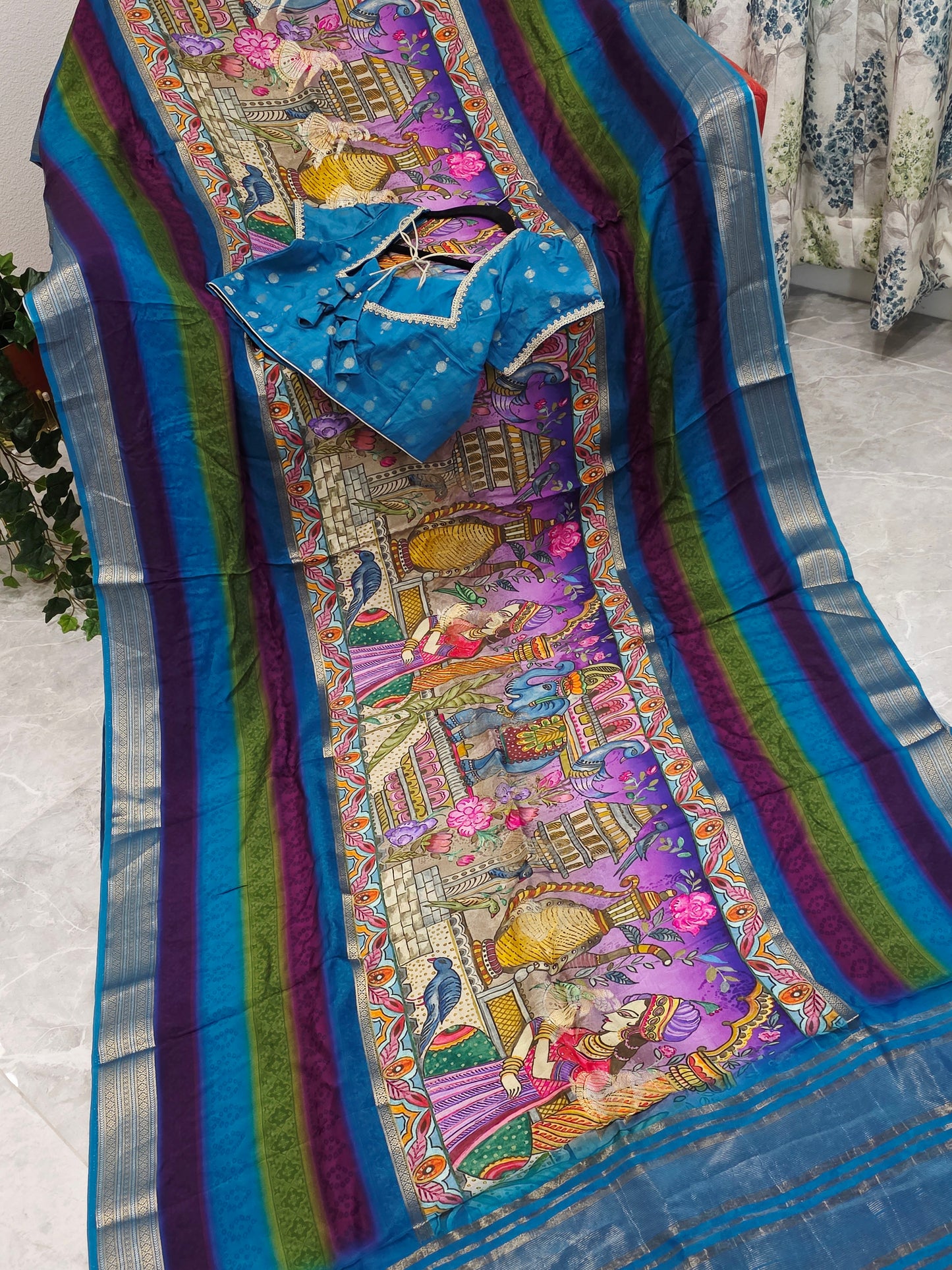 Royal Peacock Blue Designer Crepe Georgette Silk Saree with Ready Blouse