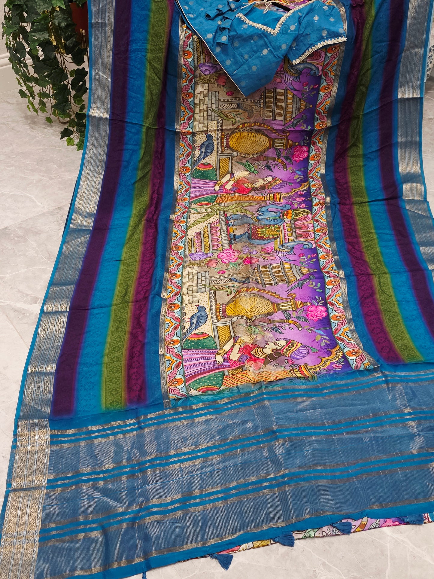 Royal Peacock Blue Designer Crepe Georgette Silk Saree with Ready Blouse