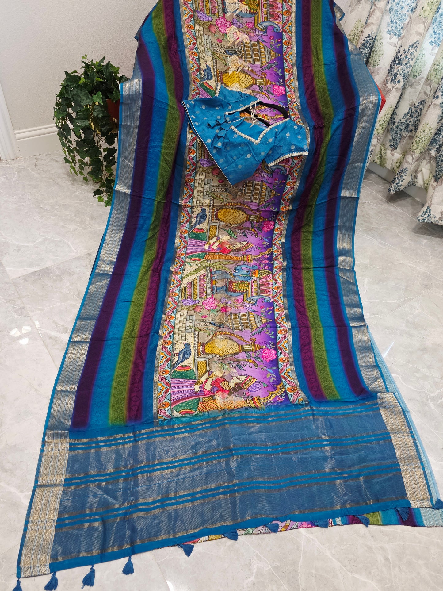 Royal Peacock Blue Designer Crepe Georgette Silk Saree with Ready Blouse