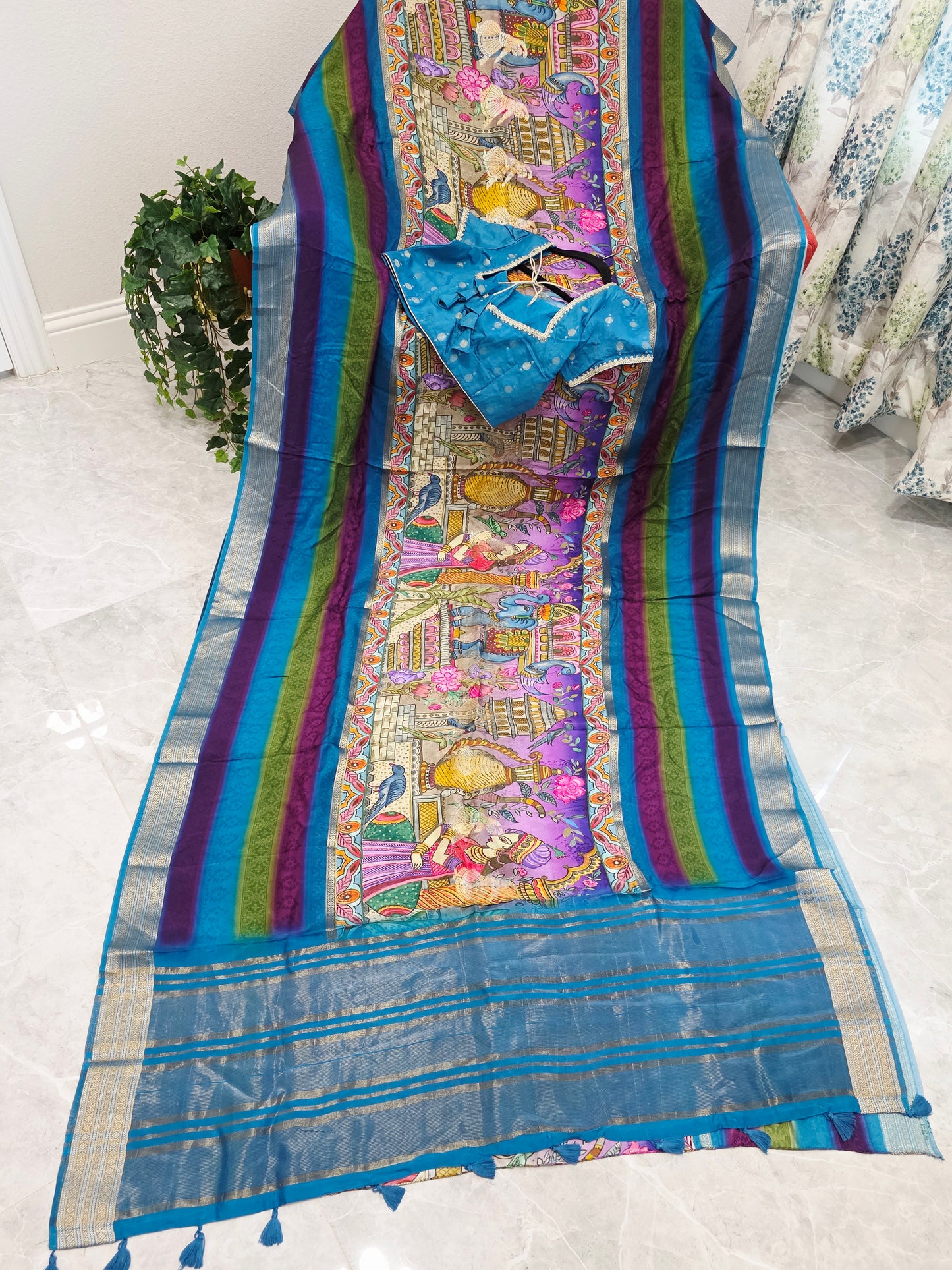 Royal Peacock Blue Designer Crepe Georgette Silk Saree with Ready Blouse