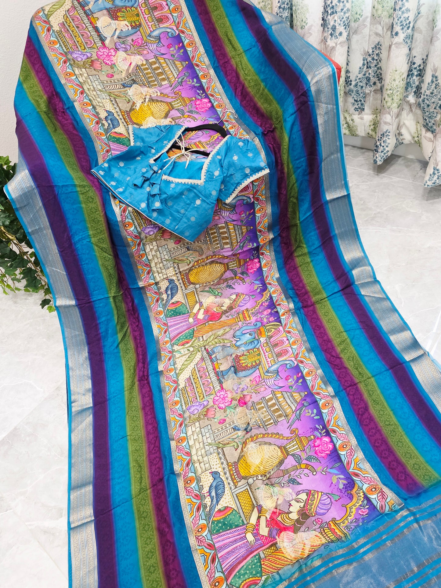 Royal Peacock Blue Designer Crepe Georgette Silk Saree with Ready Blouse