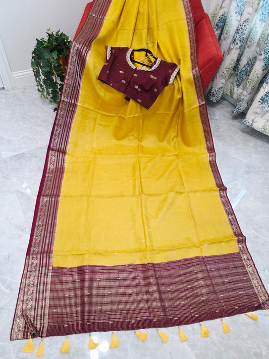 Golden Mustard Wine Russian Dola Crepe Silk Saree with Ready Blouse