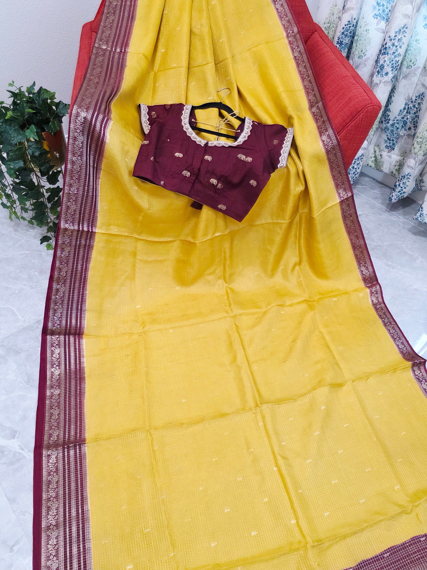 Golden Mustard Wine Russian Dola Crepe Silk Saree with Ready Blouse