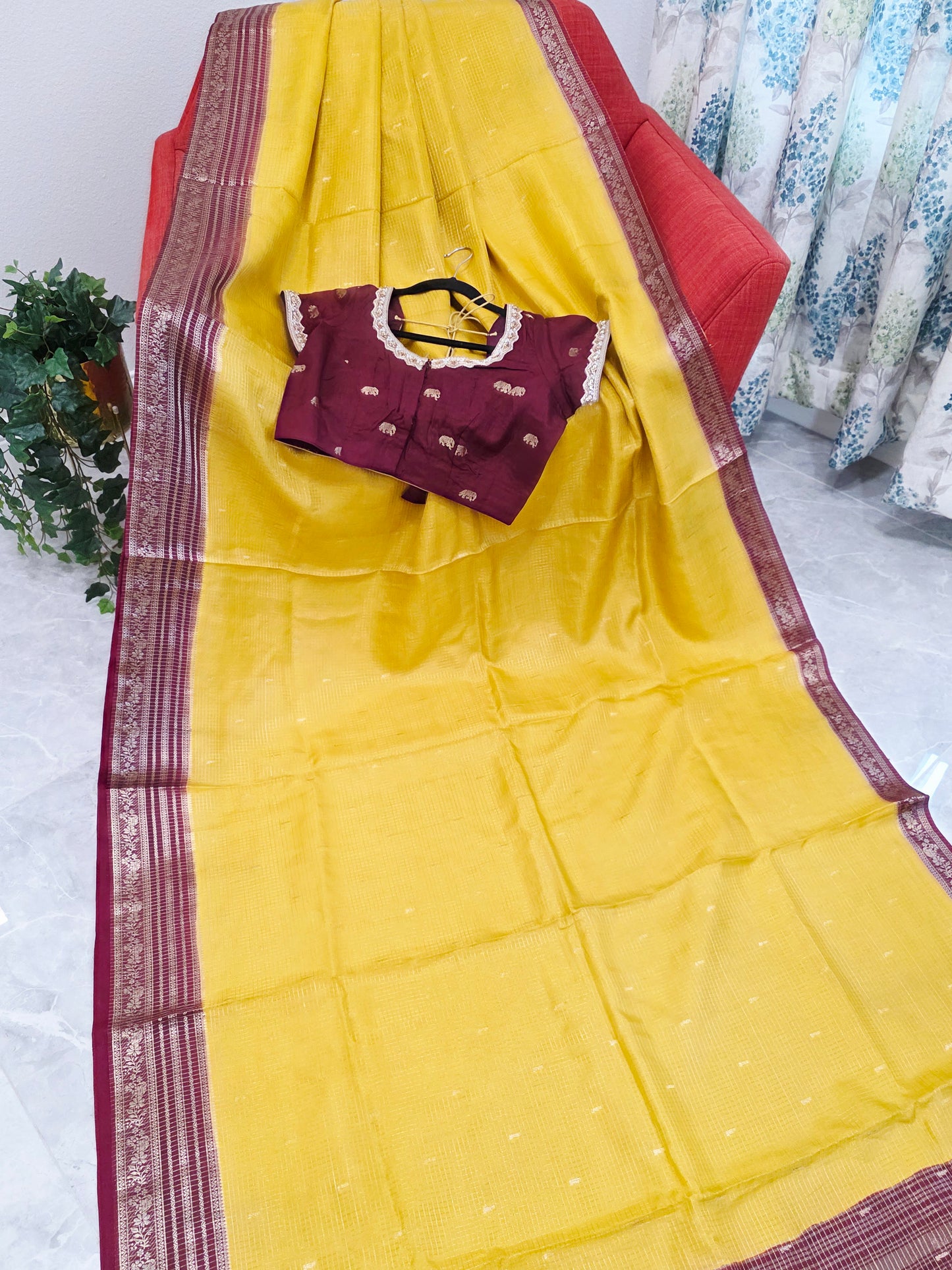 Golden Mustard Wine Russian Dola Crepe Silk Saree with Ready Blouse