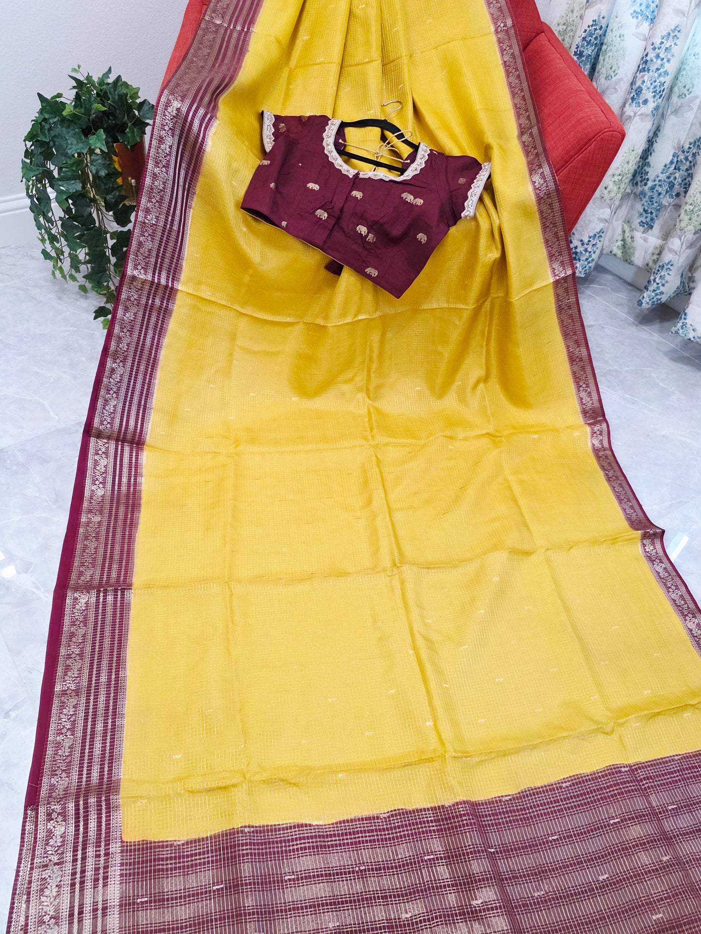 Golden Mustard Wine Russian Dola Crepe Silk Saree with Ready Blouse