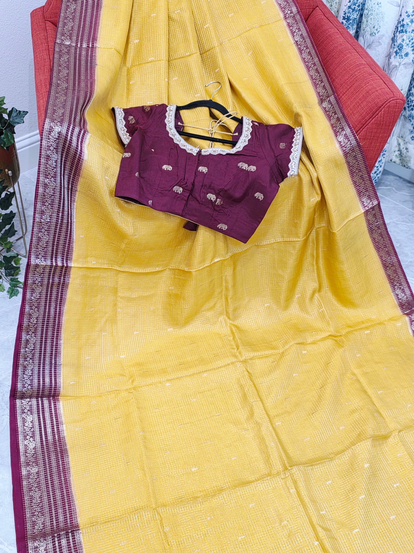 Golden Mustard Wine Russian Dola Crepe Silk Saree with Ready Blouse