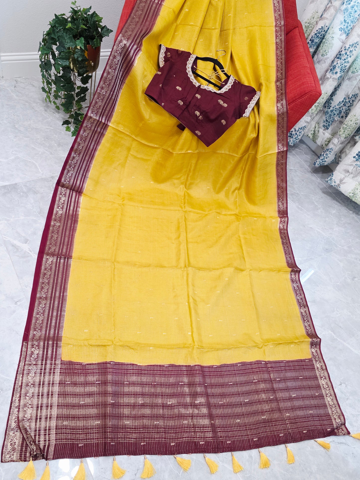 Golden Mustard Wine Russian Dola Crepe Silk Saree with Ready Blouse