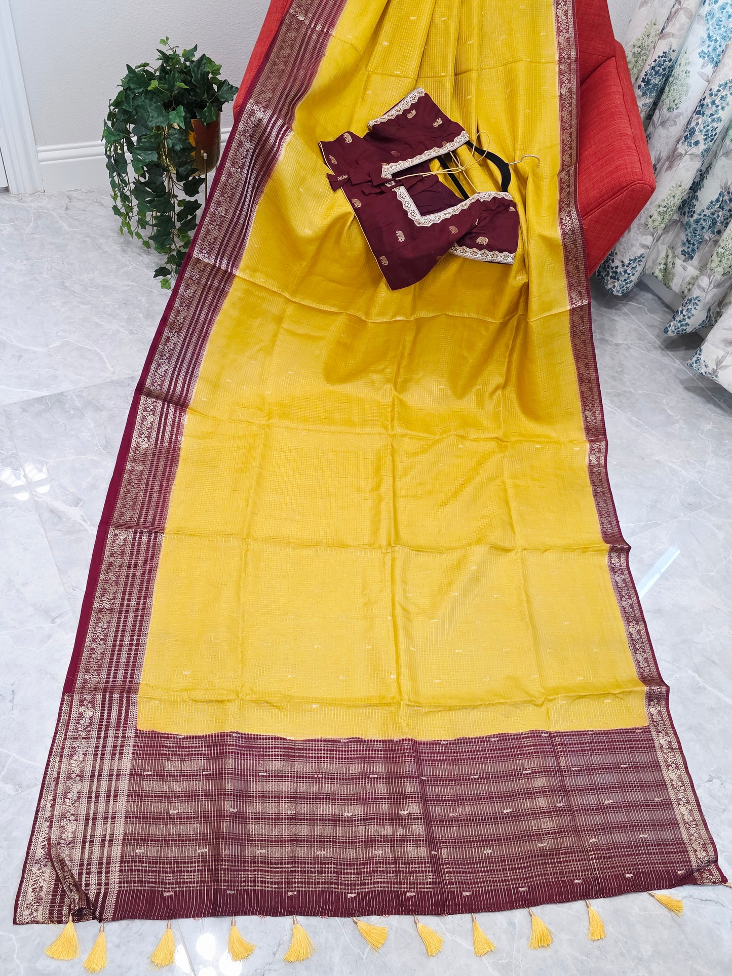 Golden Mustard Wine Russian Dola Crepe Silk Saree with Ready Blouse