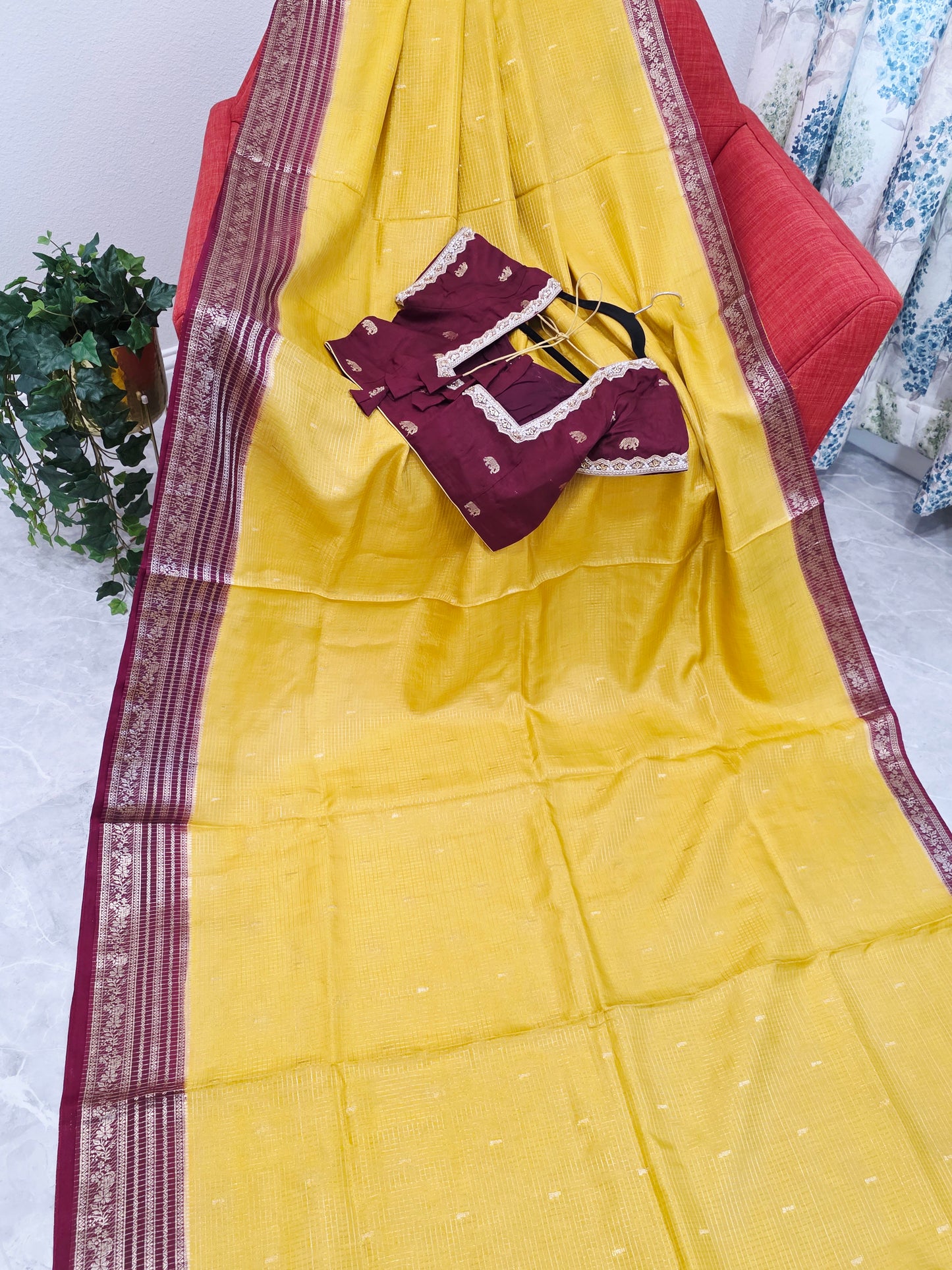 Golden Mustard Wine Russian Dola Crepe Silk Saree with Ready Blouse