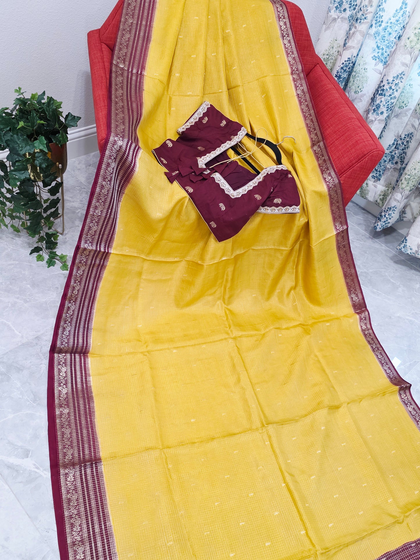 Golden Mustard Wine Russian Dola Crepe Silk Saree with Ready Blouse