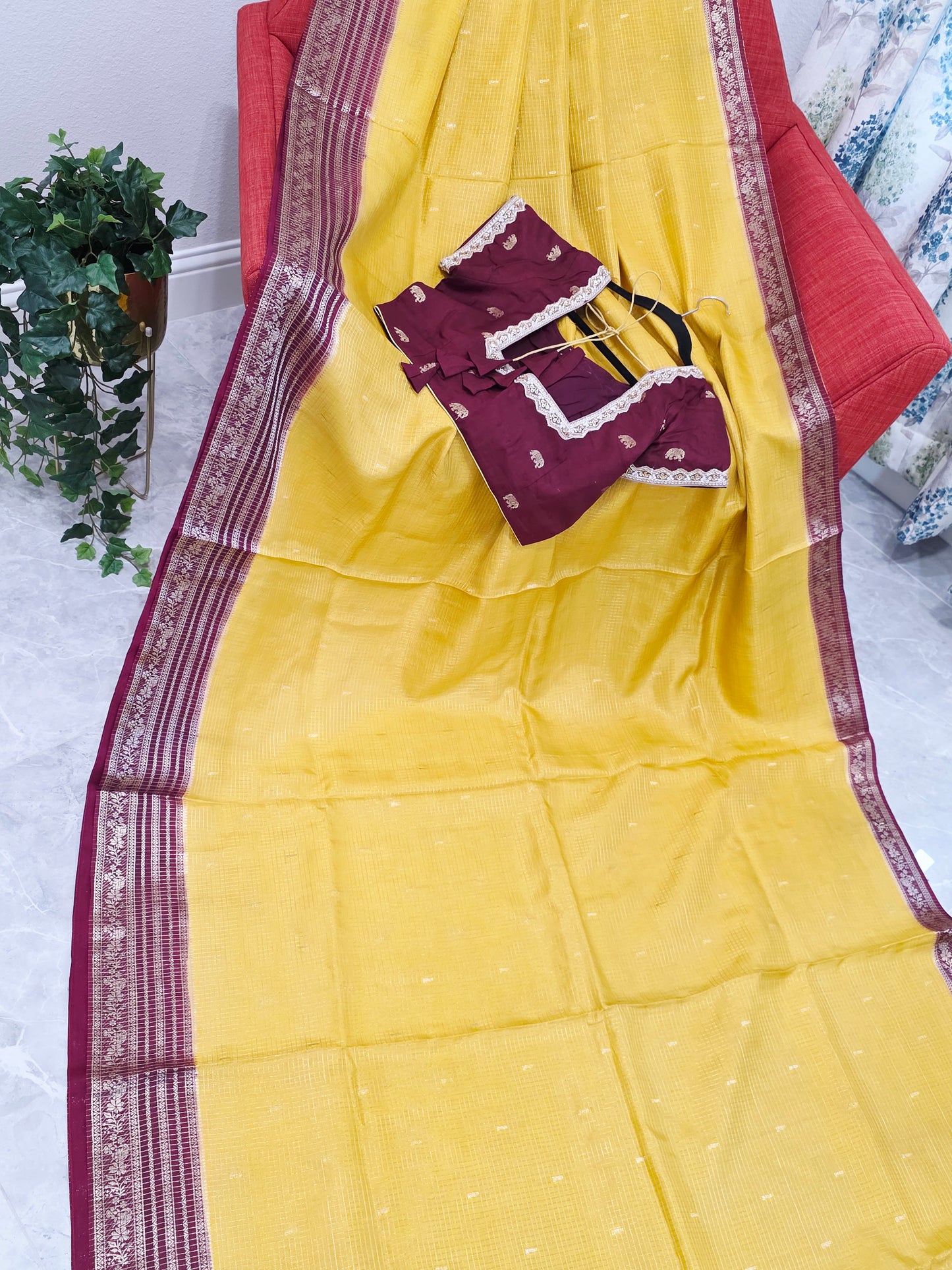 Golden Mustard Wine Russian Dola Crepe Silk Saree with Ready Blouse