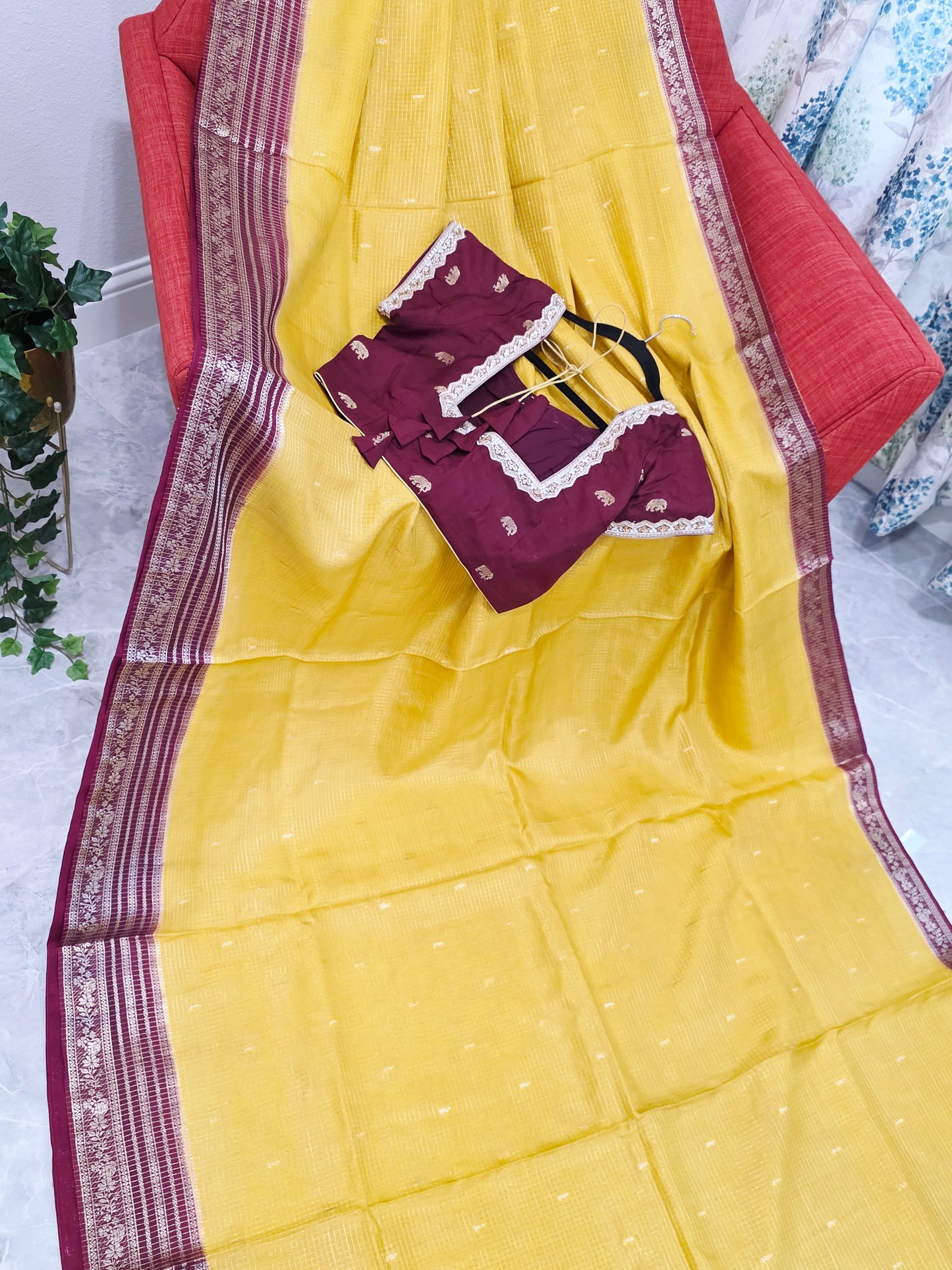 Golden Mustard Wine Russian Dola Crepe Silk Saree with Ready Blouse