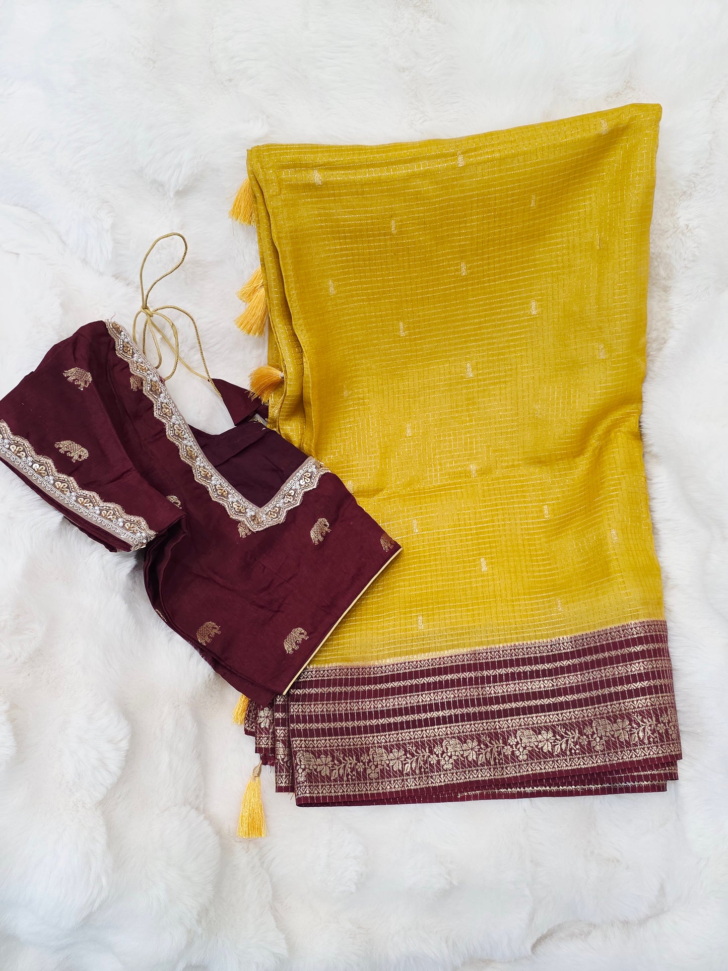 Golden Mustard Wine Russian Dola Crepe Silk Saree with Ready Blouse