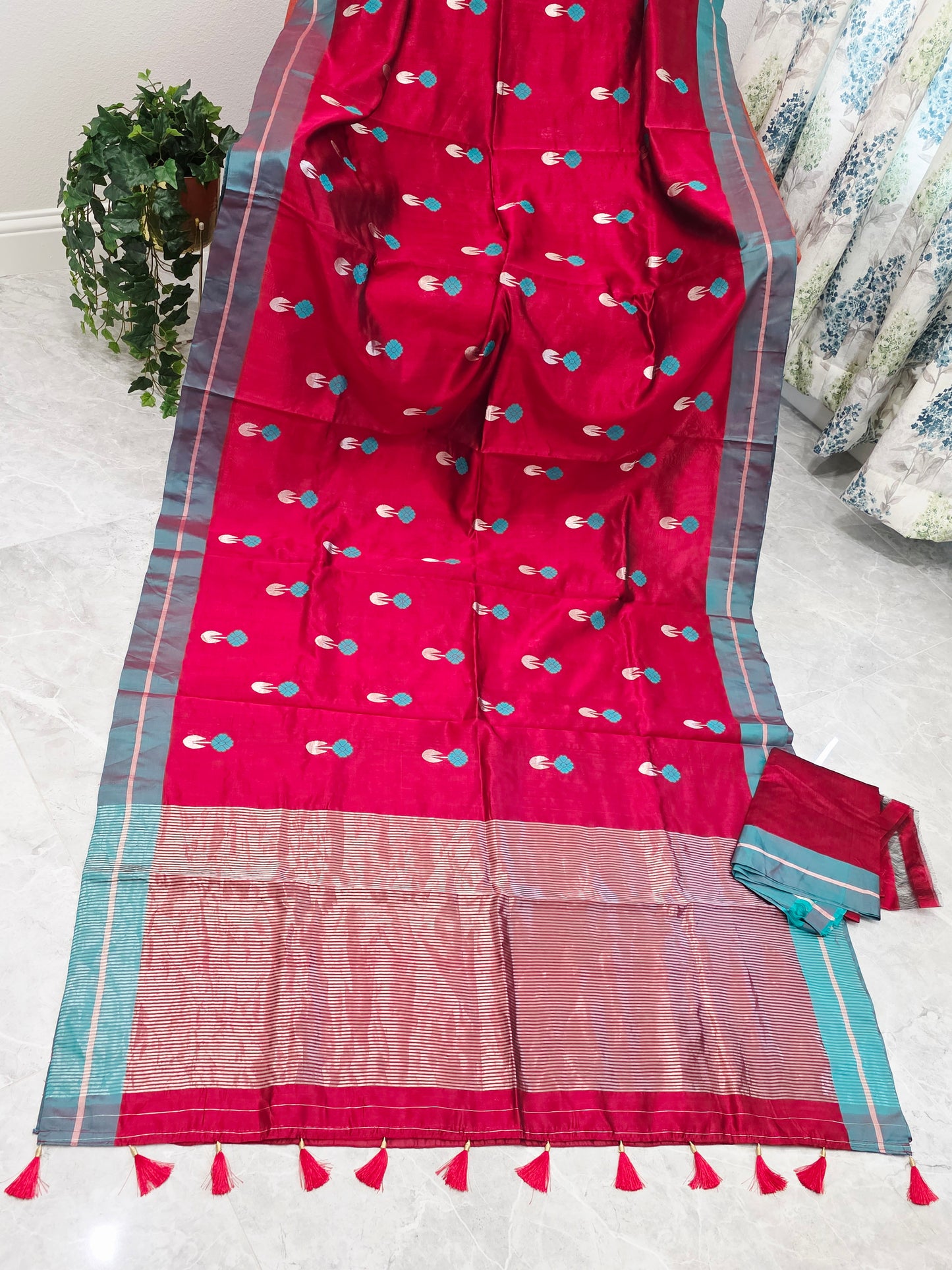 Royal Maroon Red & Aqua Blue Pure Chanderi Silk Saree with Unstitched Blouse