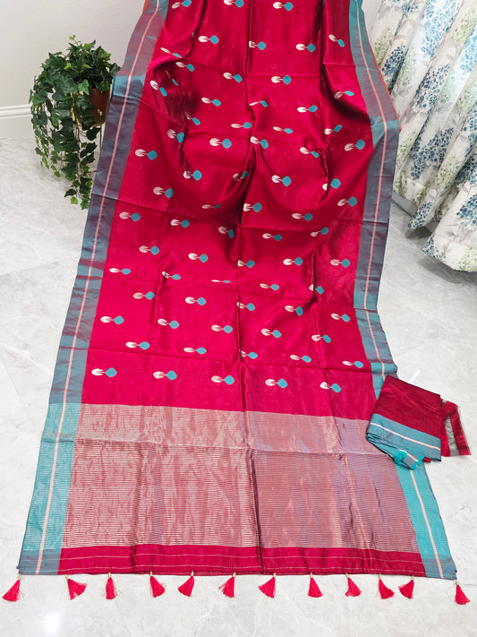 Royal Maroon Red & Aqua Blue Pure Chanderi Silk Saree with Unstitched Blouse