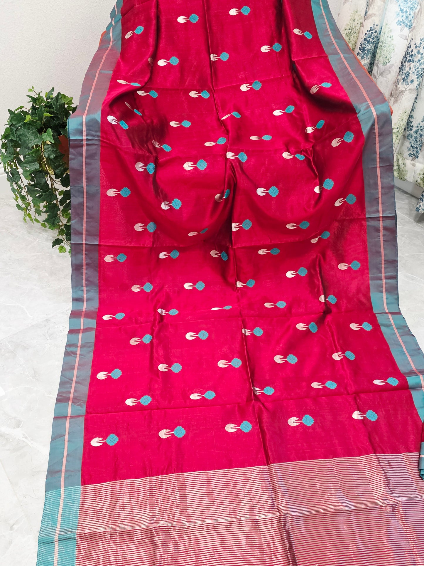 Royal Maroon Red & Aqua Blue Pure Chanderi Silk Saree with Unstitched Blouse