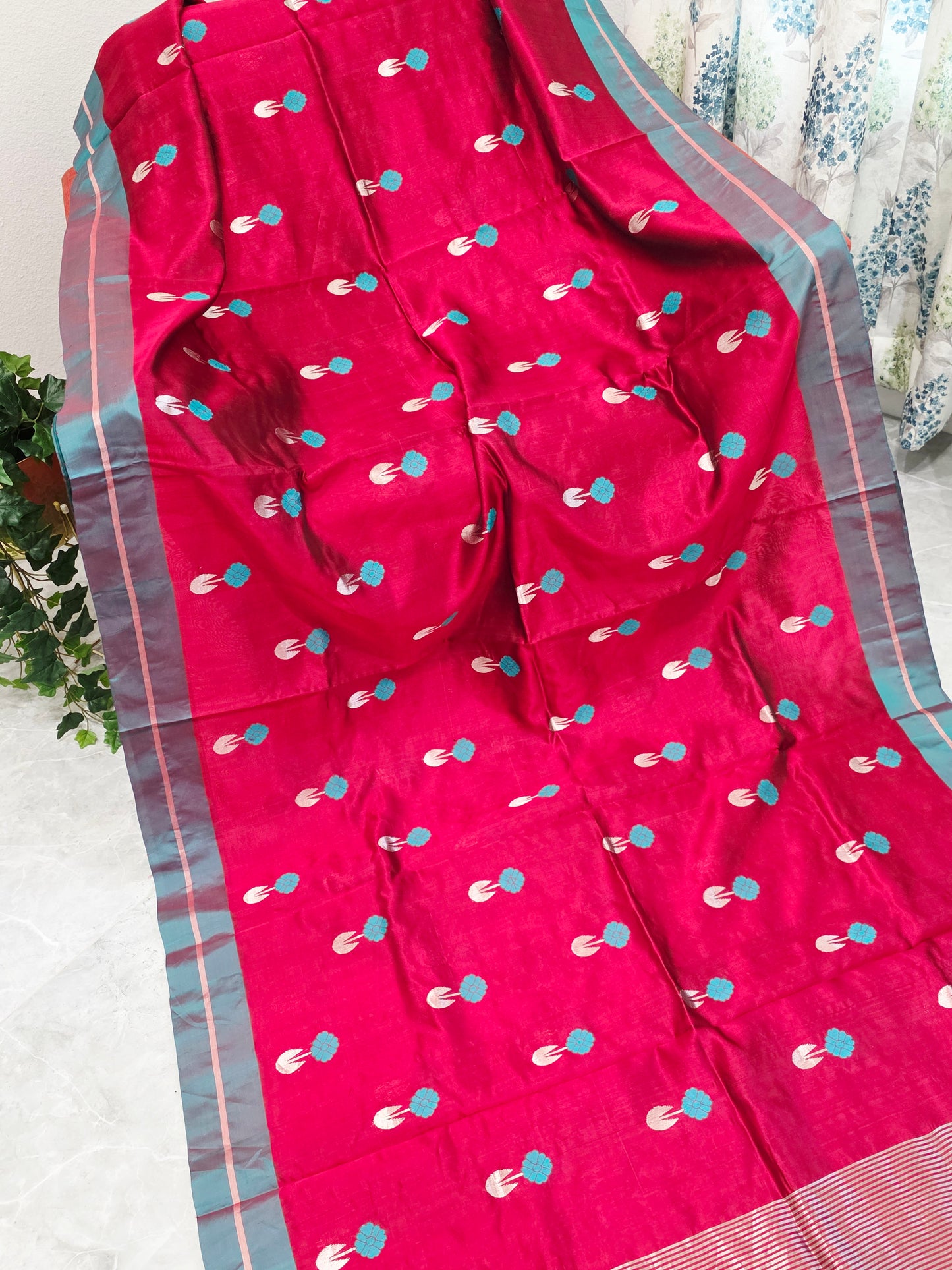 Royal Maroon Red & Aqua Blue Pure Chanderi Silk Saree with Unstitched Blouse