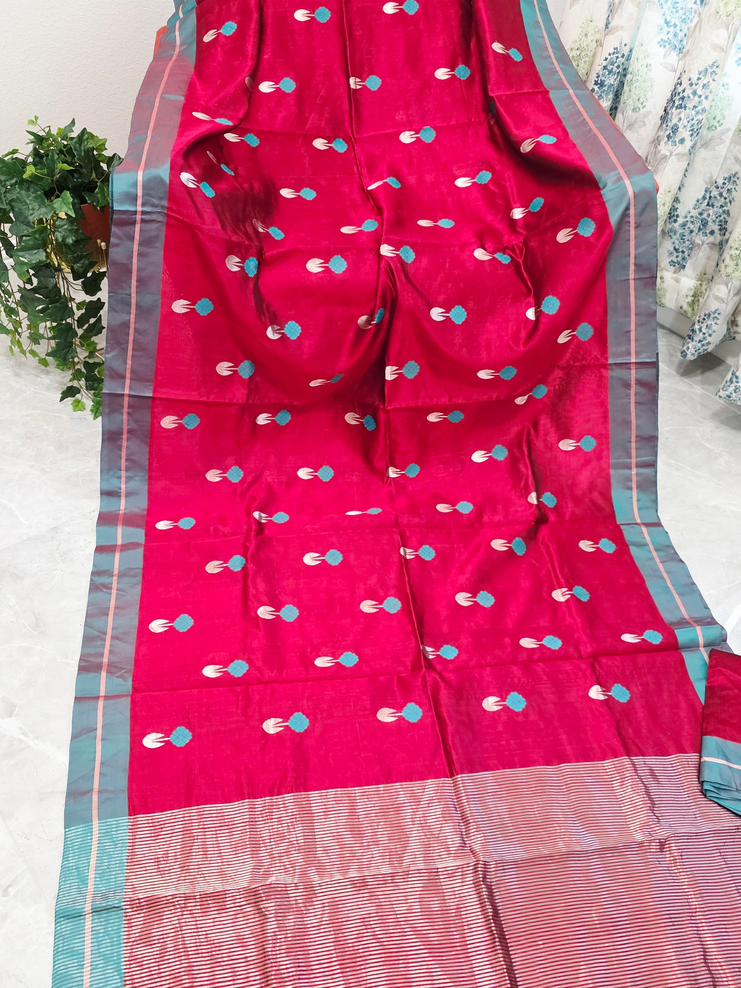 Royal Maroon Red & Aqua Blue Pure Chanderi Silk Saree with Unstitched Blouse