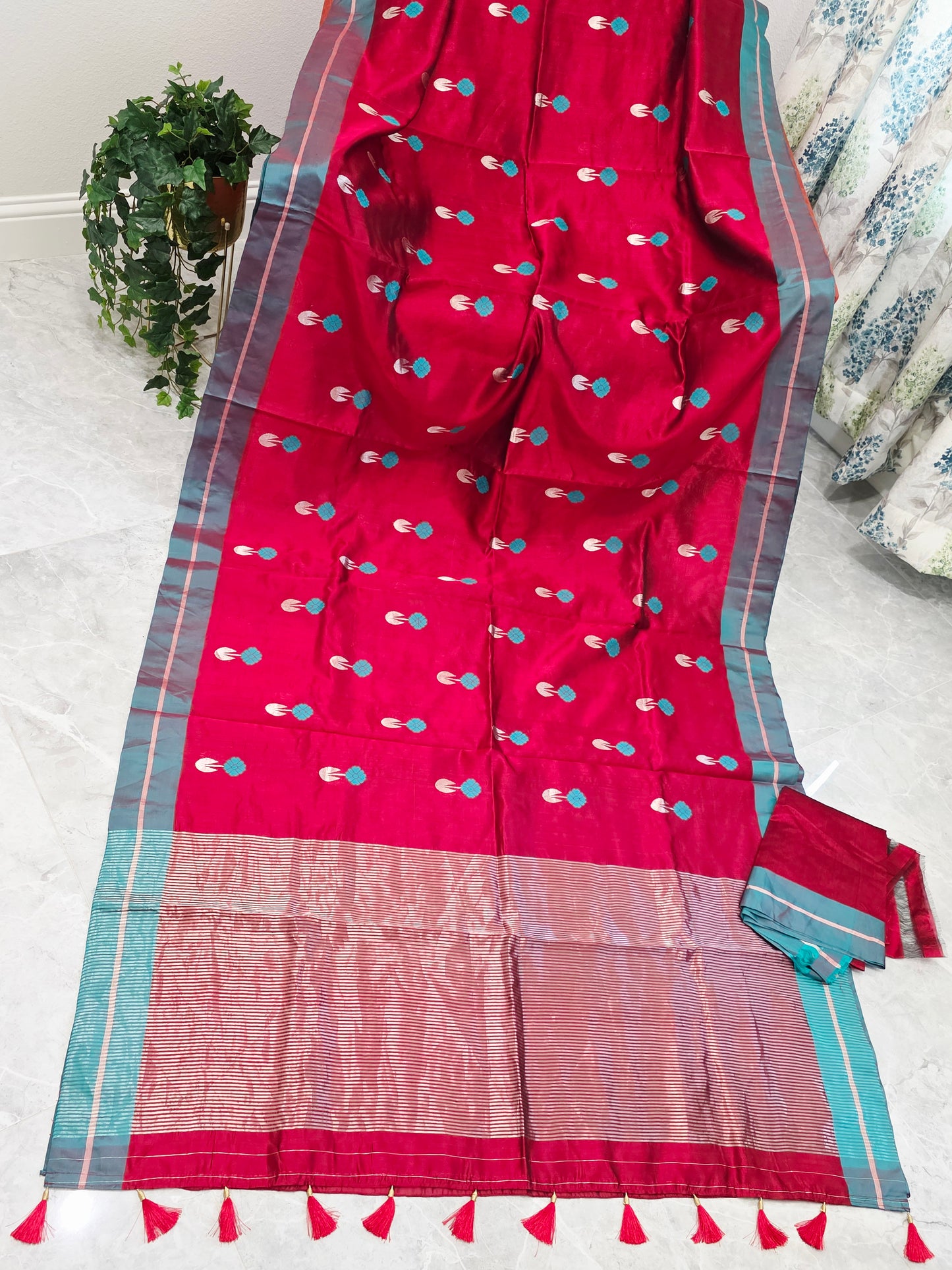 Royal Maroon Red & Aqua Blue Pure Chanderi Silk Saree with Unstitched Blouse