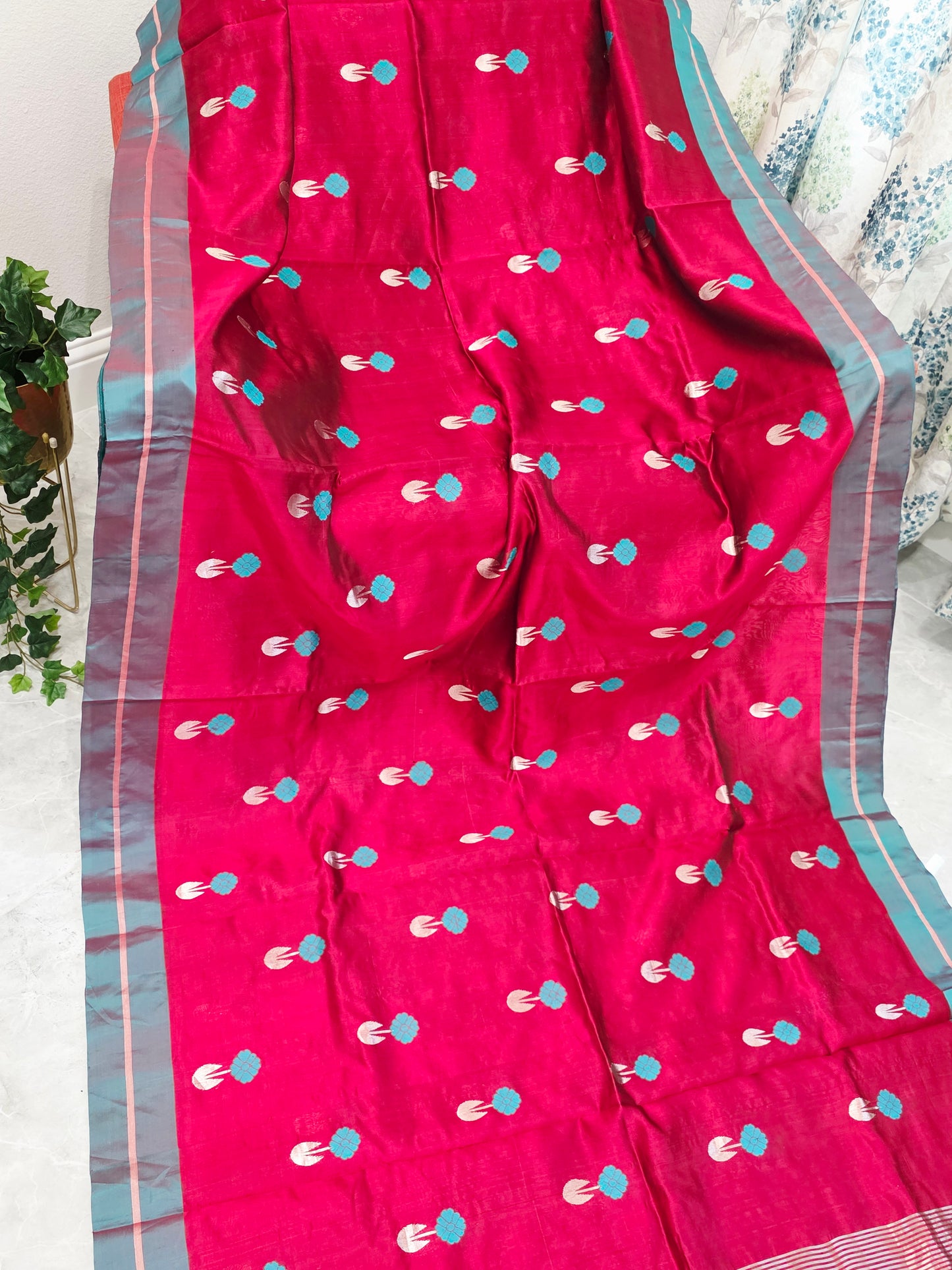 Royal Maroon Red & Aqua Blue Pure Chanderi Silk Saree with Unstitched Blouse