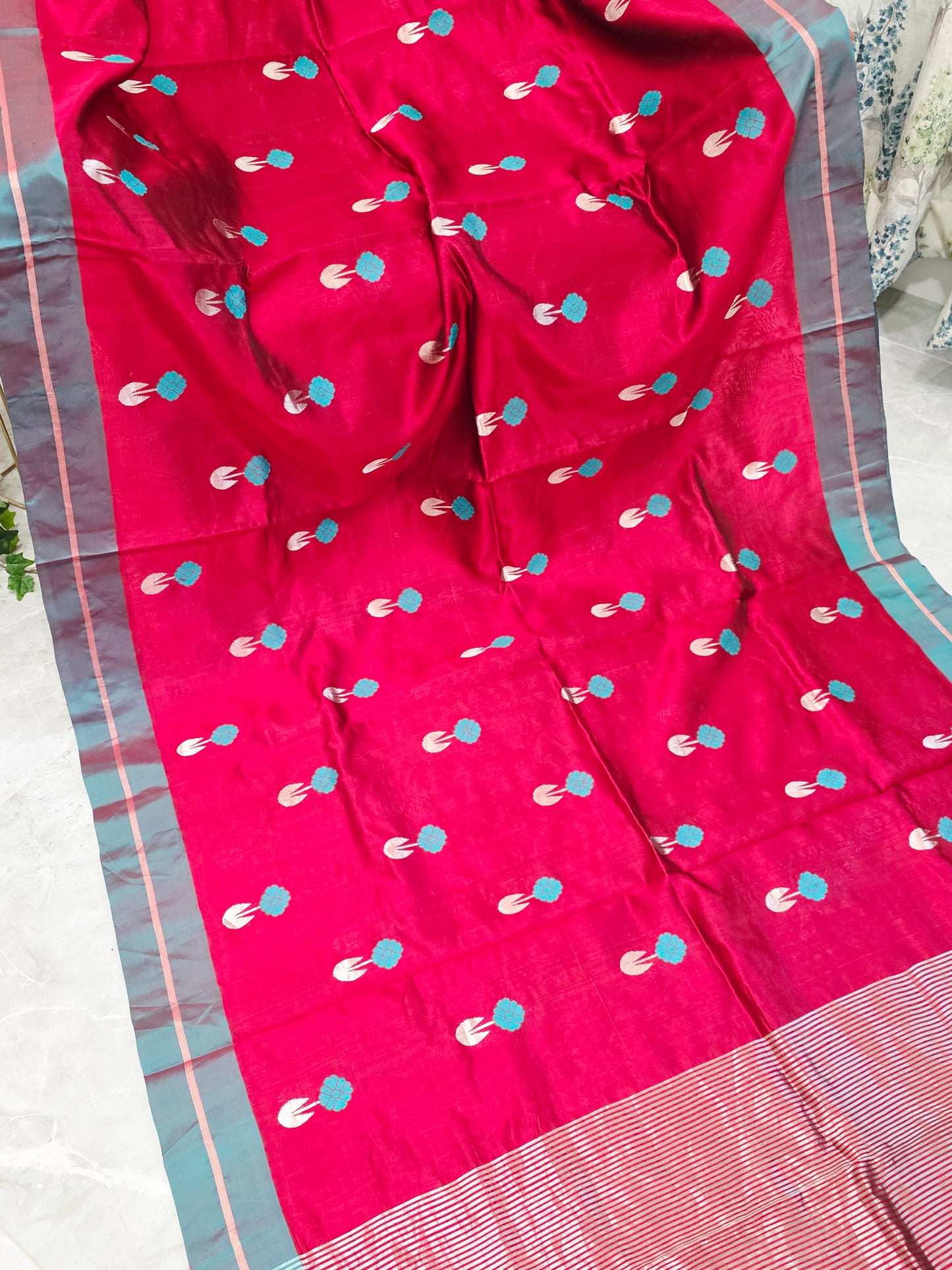 Royal Maroon Red & Aqua Blue Pure Chanderi Silk Saree with Unstitched Blouse