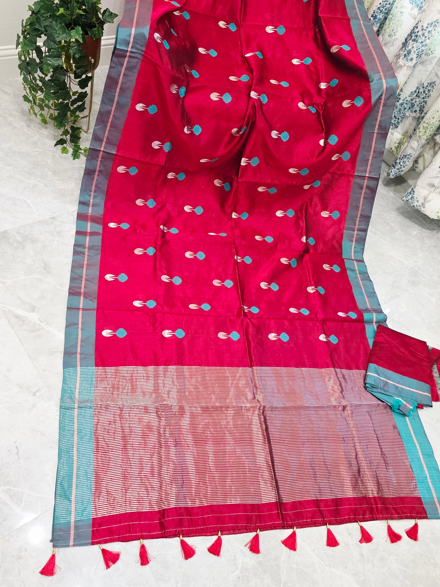 Royal Maroon Red & Aqua Blue Pure Chanderi Silk Saree with Unstitched Blouse
