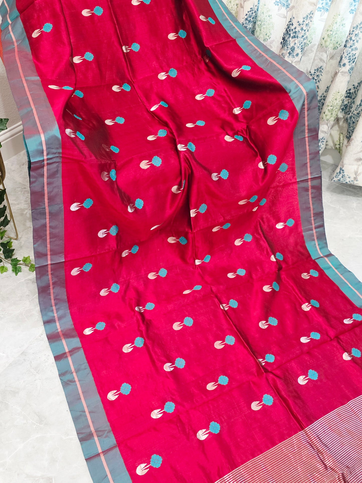 Royal Maroon Red & Aqua Blue Pure Chanderi Silk Saree with Unstitched Blouse