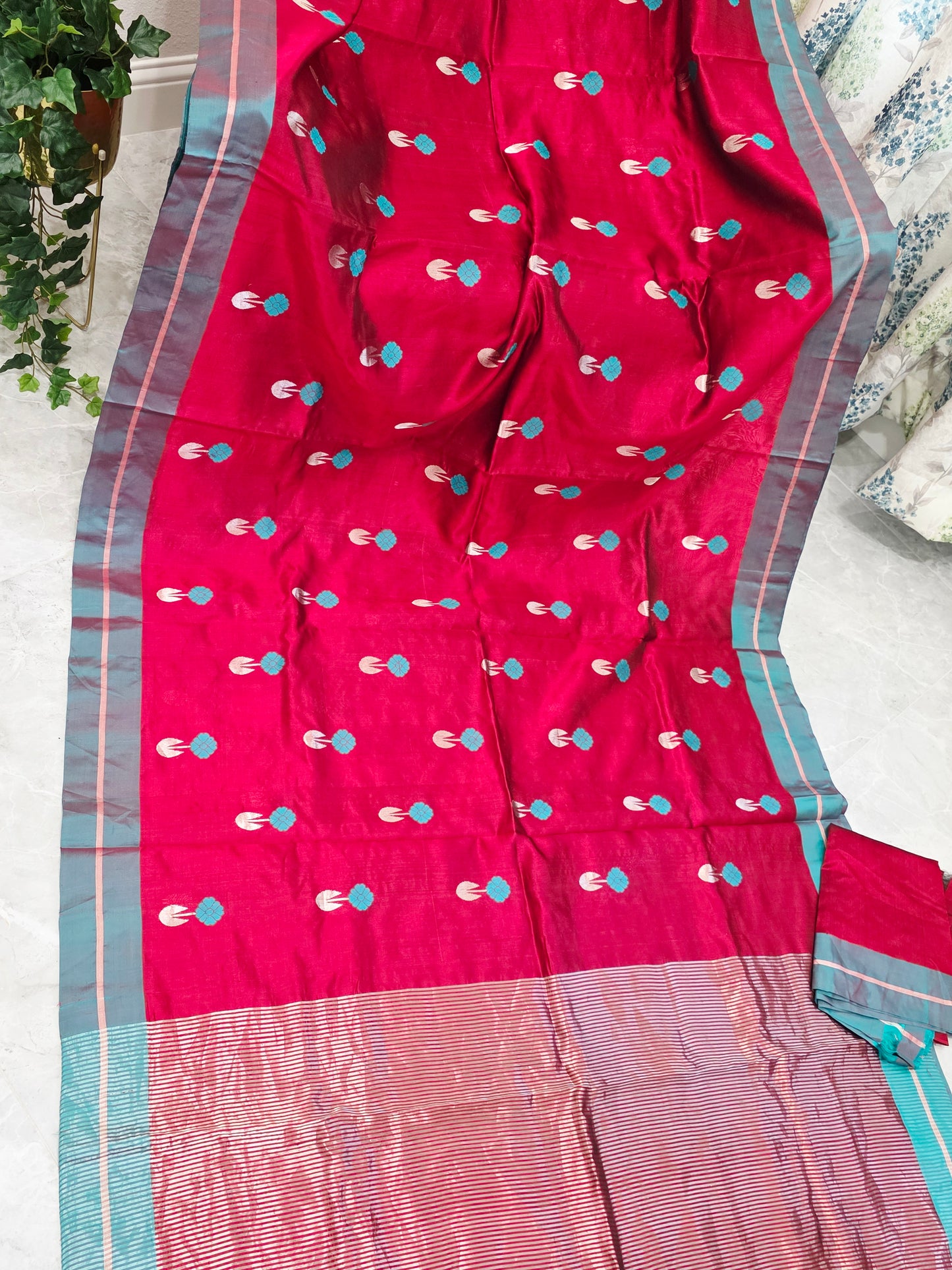 Royal Maroon Red & Aqua Blue Pure Chanderi Silk Saree with Unstitched Blouse