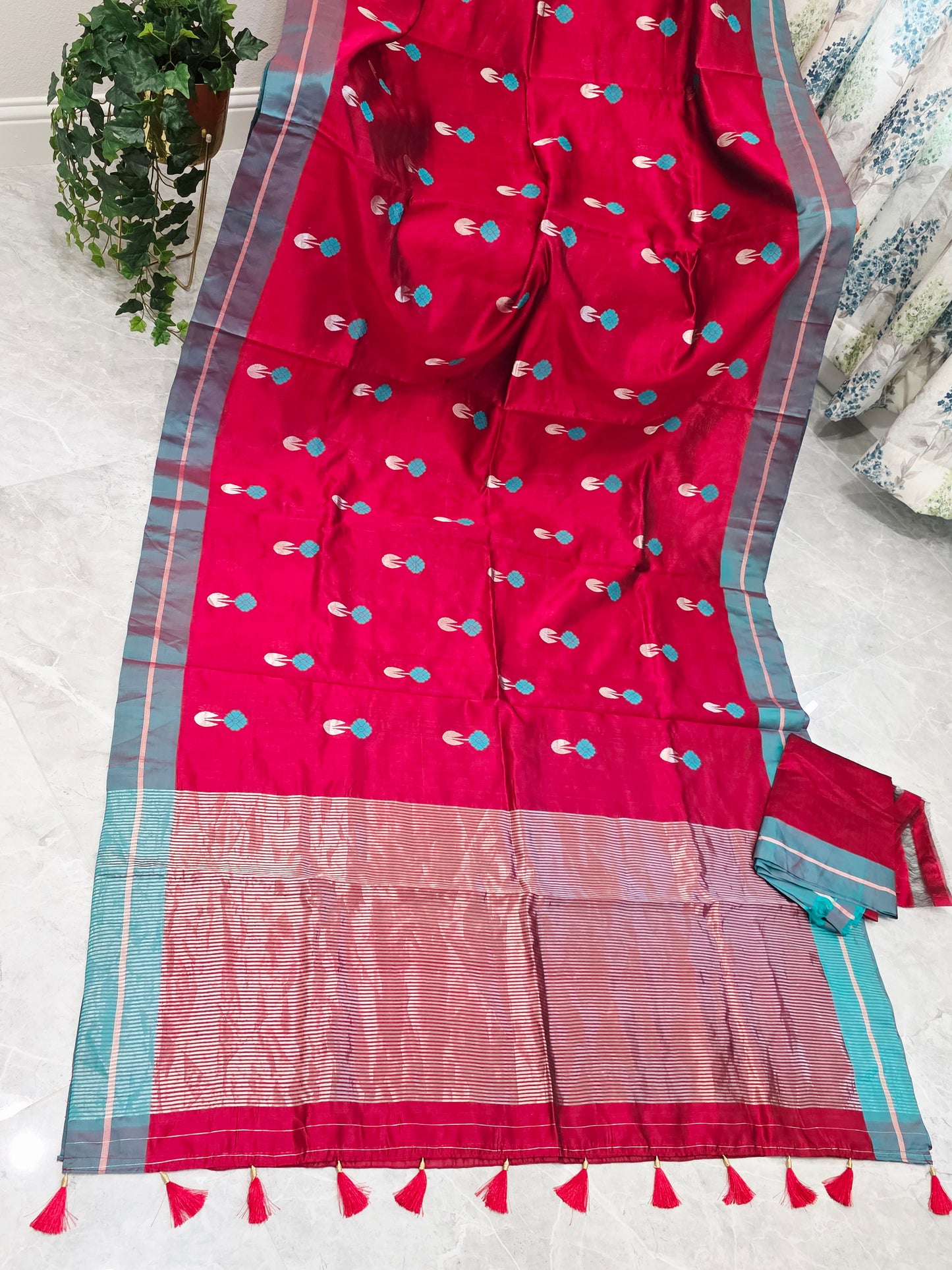 Royal Maroon Red & Aqua Blue Pure Chanderi Silk Saree with Unstitched Blouse