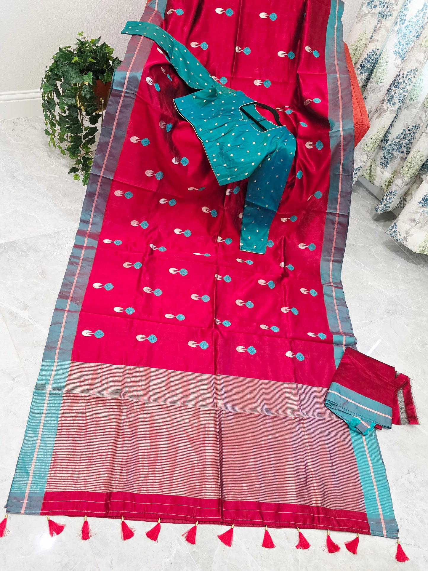 Royal Maroon Red & Aqua Blue Pure Chanderi Silk Saree with Full Sleeve Benarasi Ready Blouse