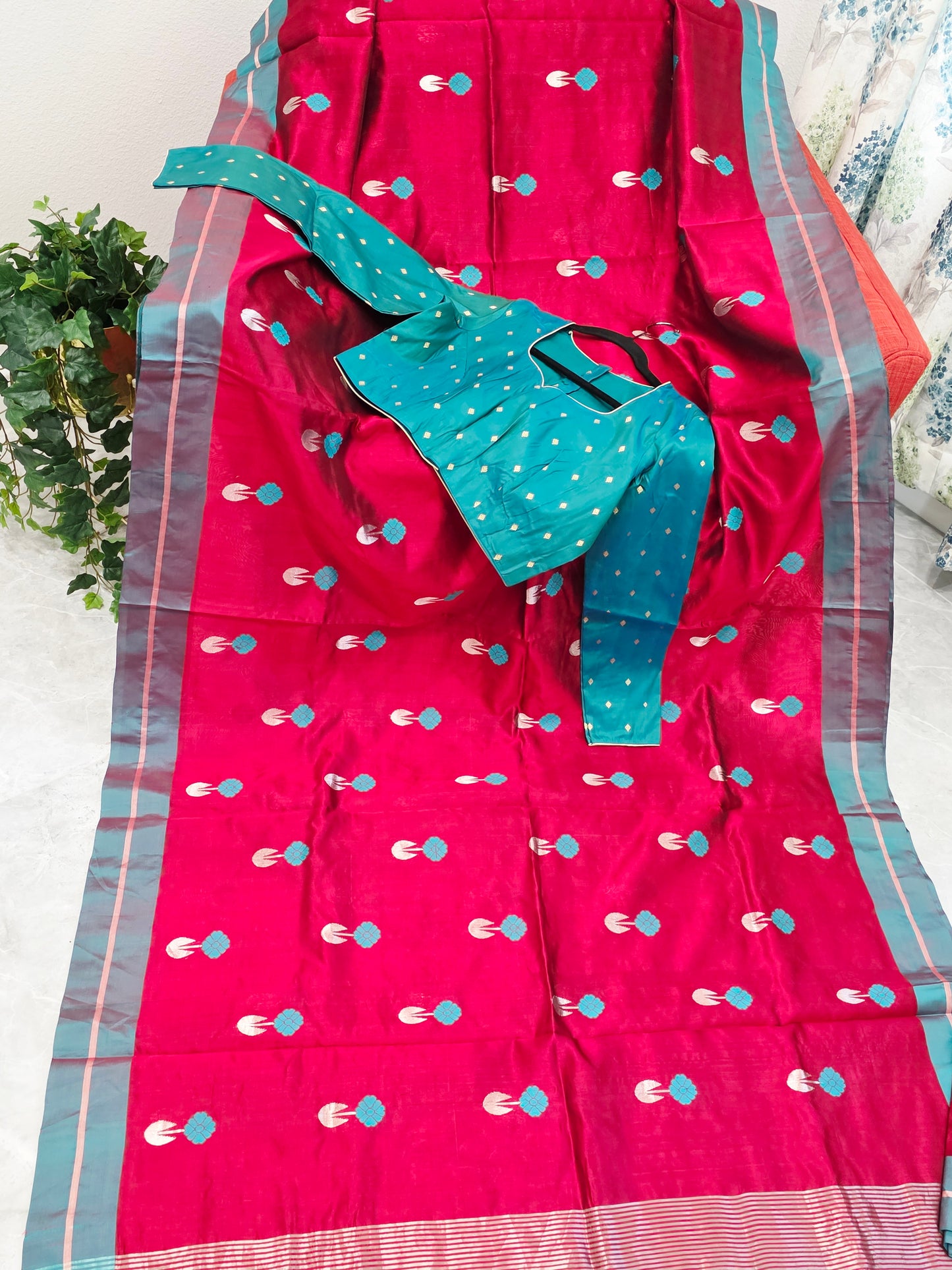 Royal Maroon Red & Aqua Blue Pure Chanderi Silk Saree with Full Sleeve Benarasi Ready Blouse