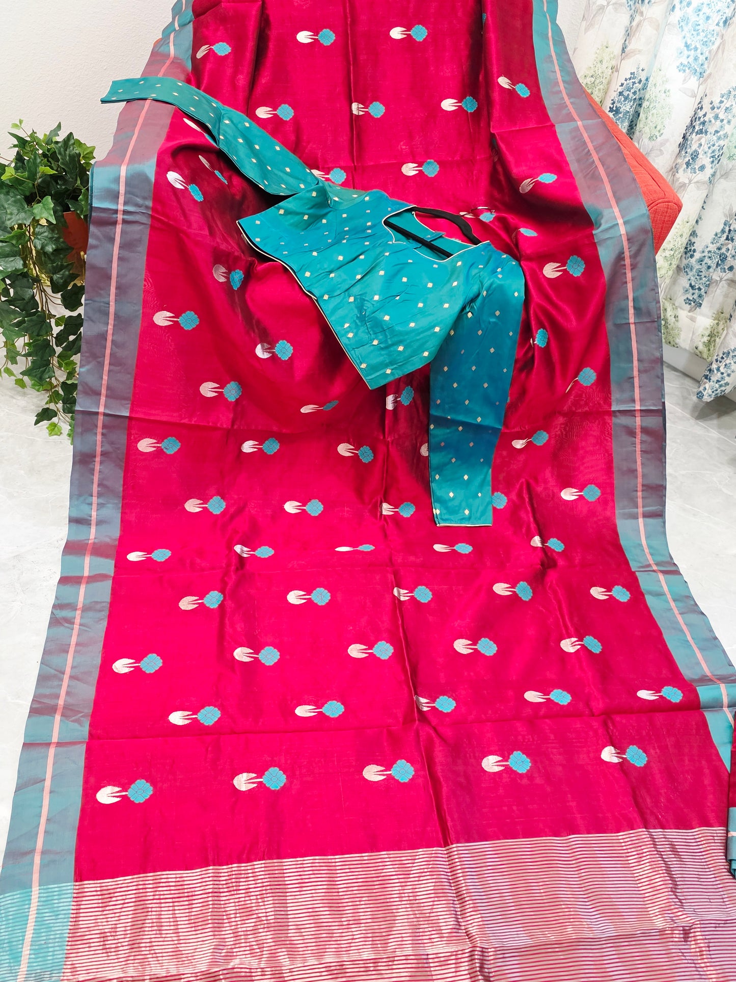Royal Maroon Red & Aqua Blue Pure Chanderi Silk Saree with Full Sleeve Benarasi Ready Blouse