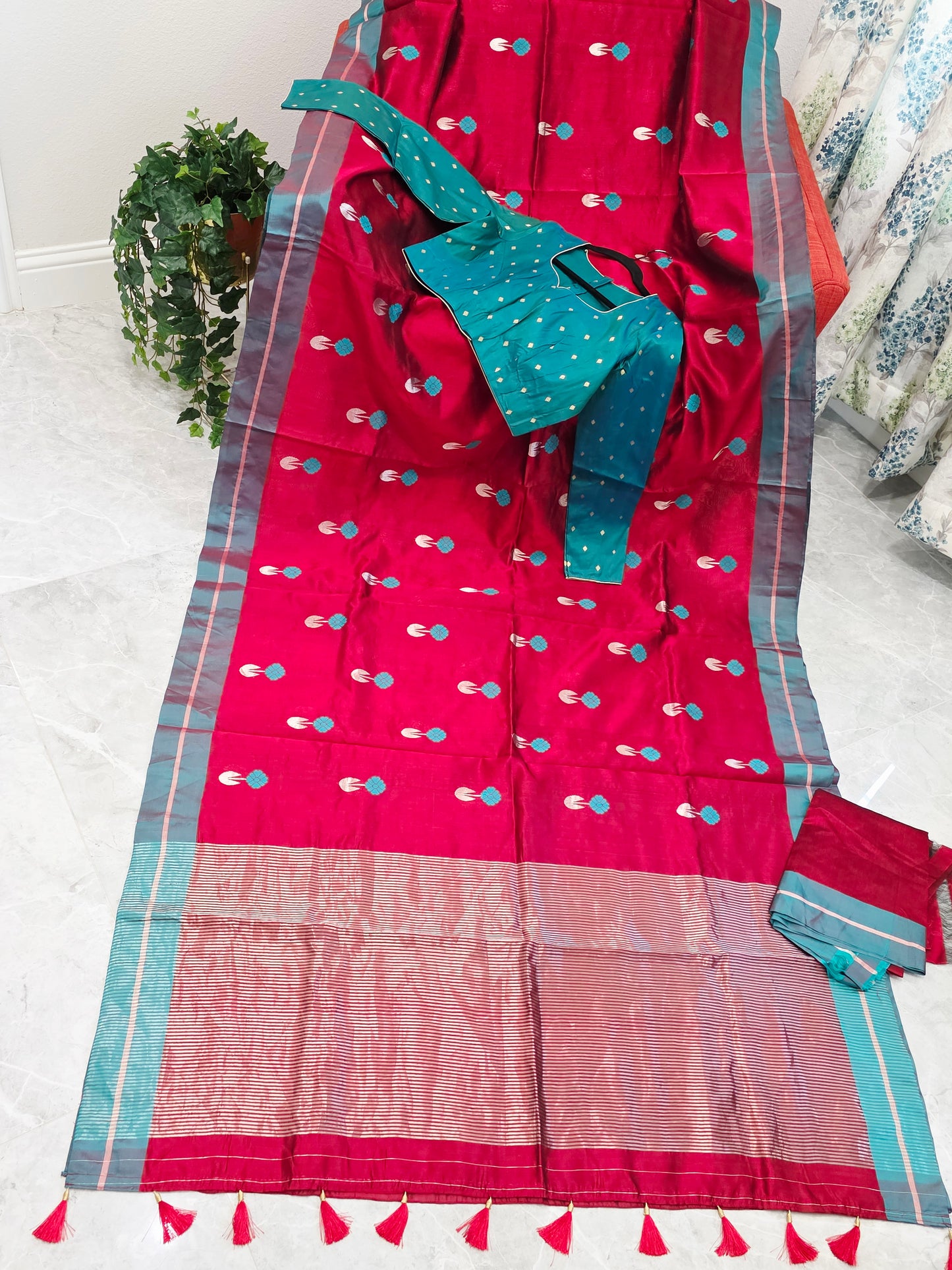 Royal Maroon Red & Aqua Blue Pure Chanderi Silk Saree with Full Sleeve Benarasi Ready Blouse