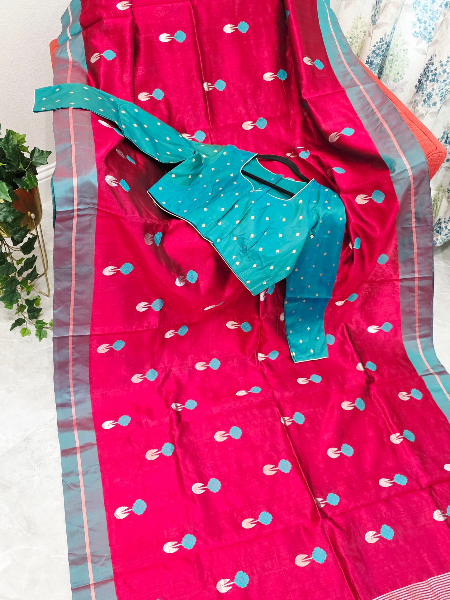 Royal Maroon Red & Aqua Blue Pure Chanderi Silk Saree with Full Sleeve Benarasi Ready Blouse