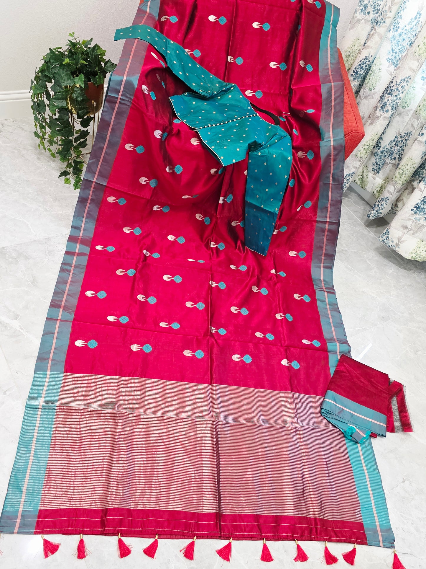 Royal Maroon Red & Aqua Blue Pure Chanderi Silk Saree with Full Sleeve Benarasi Ready Blouse