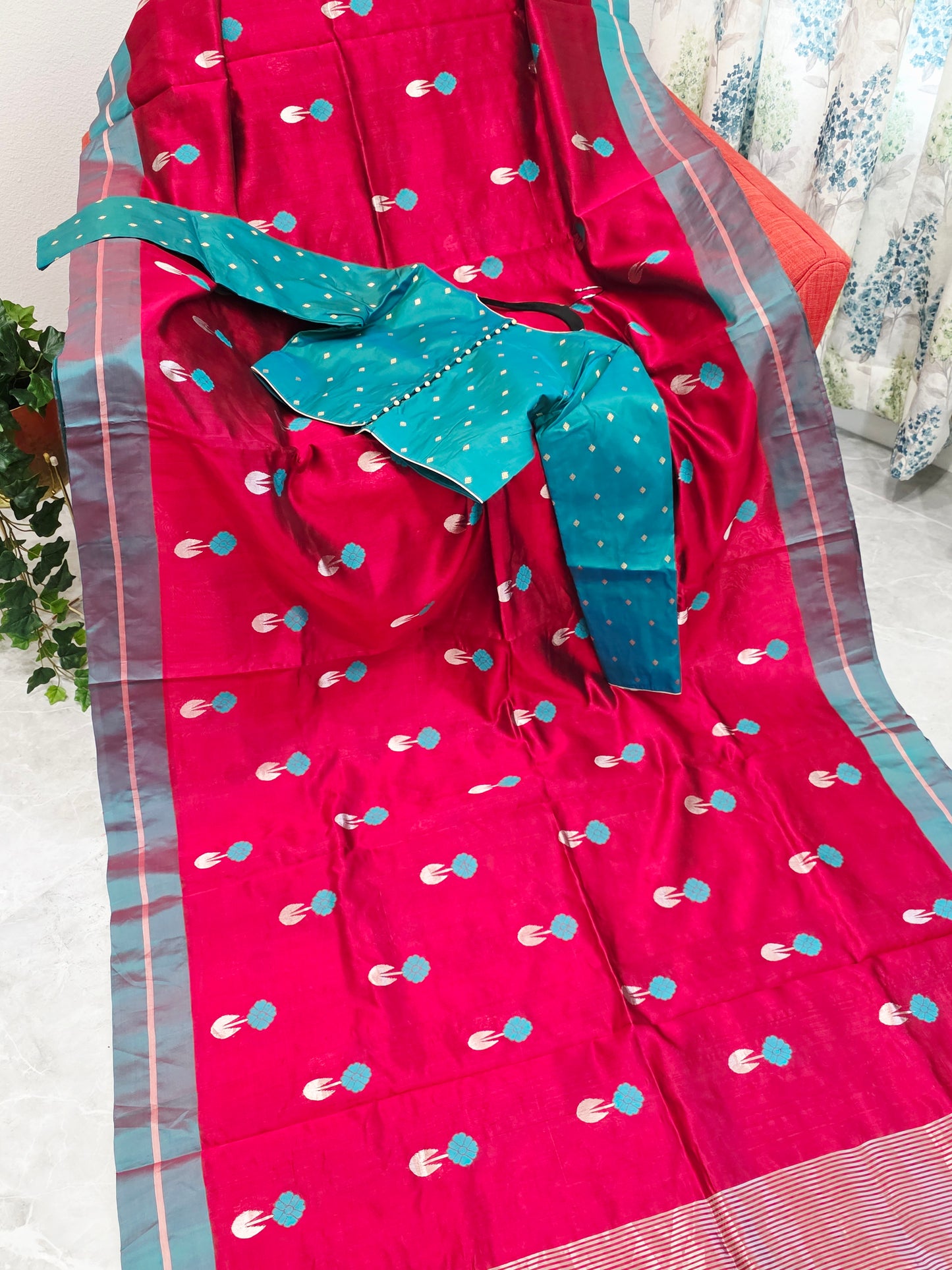 Royal Maroon Red & Aqua Blue Pure Chanderi Silk Saree with Full Sleeve Benarasi Ready Blouse