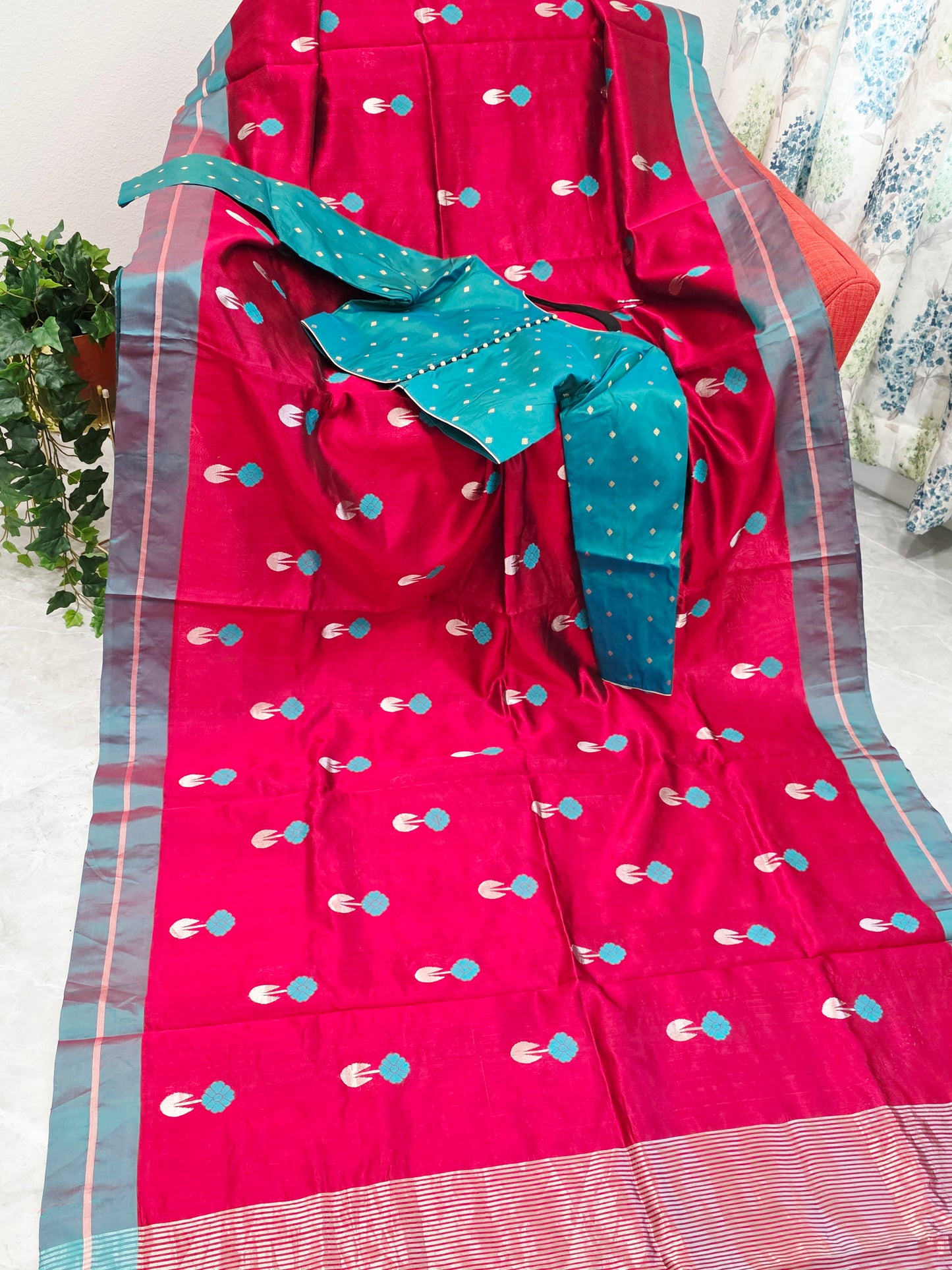 Royal Maroon Red & Aqua Blue Pure Chanderi Silk Saree with Full Sleeve Benarasi Ready Blouse