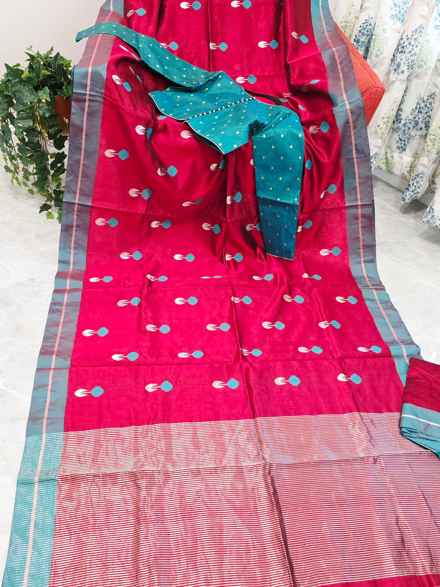 Royal Maroon Red & Aqua Blue Pure Chanderi Silk Saree with Full Sleeve Benarasi Ready Blouse