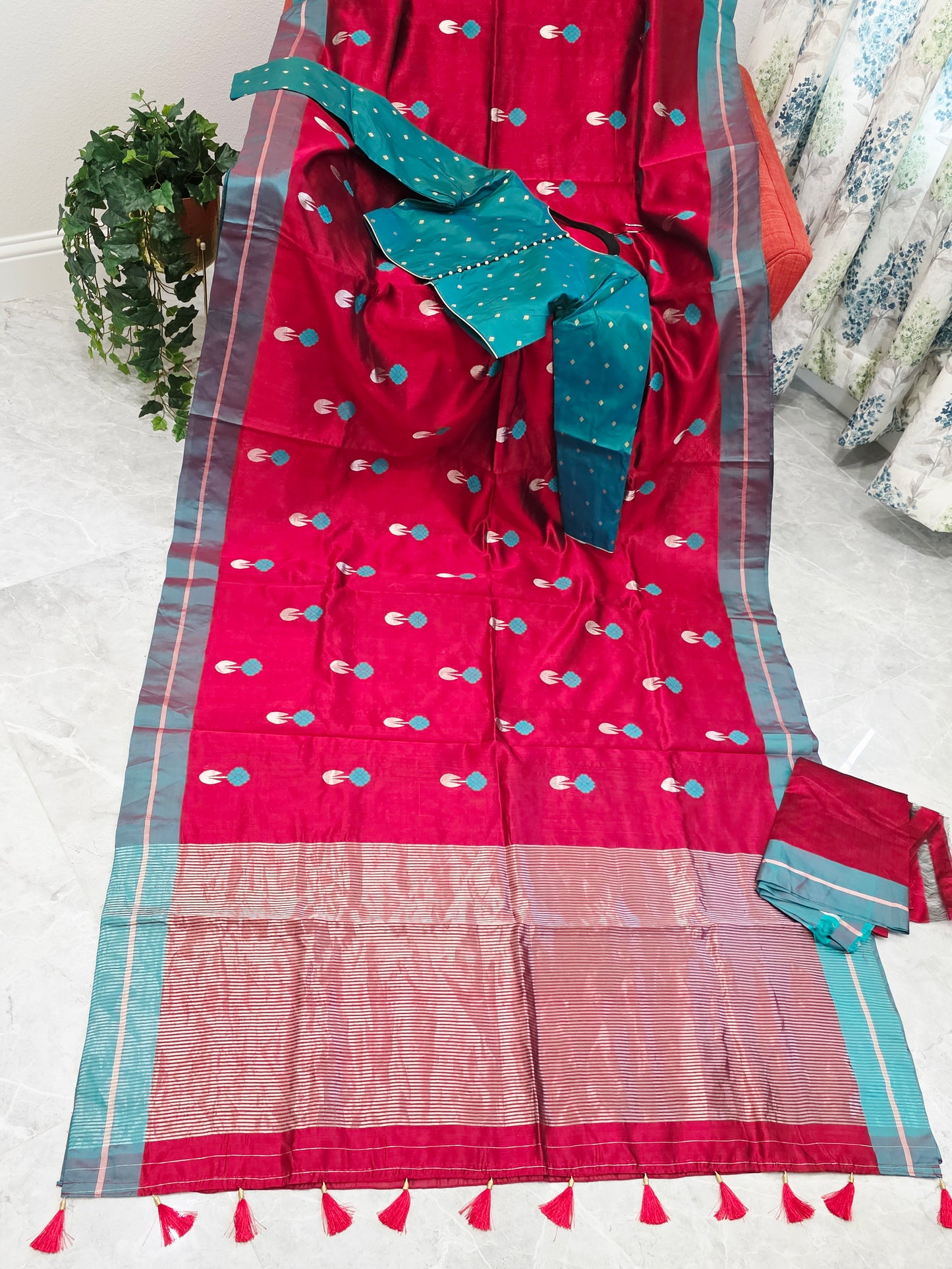 Royal Maroon Red & Aqua Blue Pure Chanderi Silk Saree with Full Sleeve Benarasi Ready Blouse