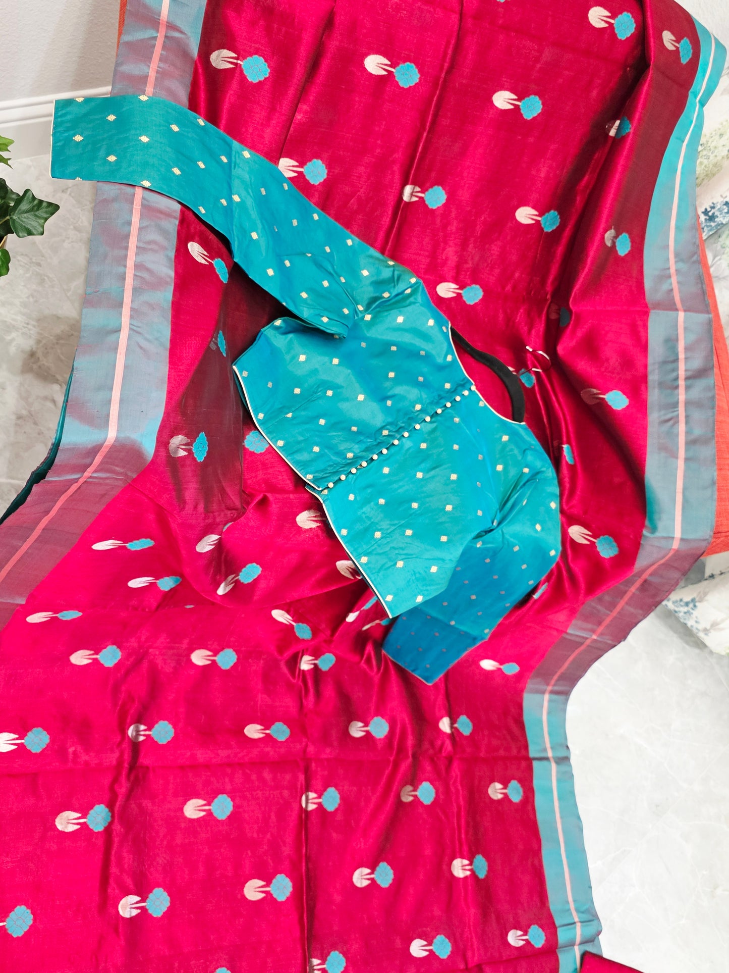 Royal Maroon Red & Aqua Blue Pure Chanderi Silk Saree with Full Sleeve Benarasi Ready Blouse