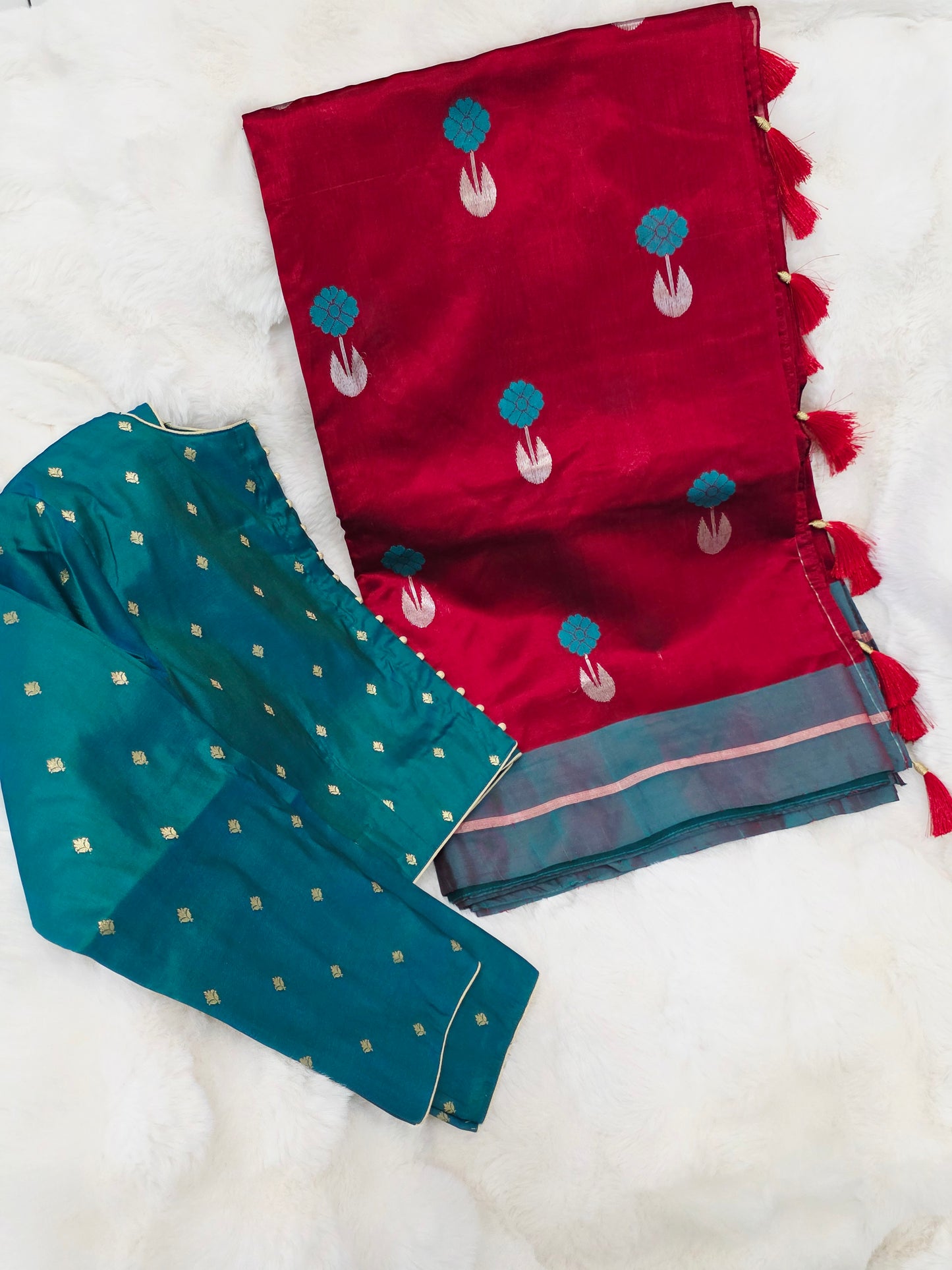 Royal Maroon Red & Aqua Blue Pure Chanderi Silk Saree with Full Sleeve Benarasi Ready Blouse