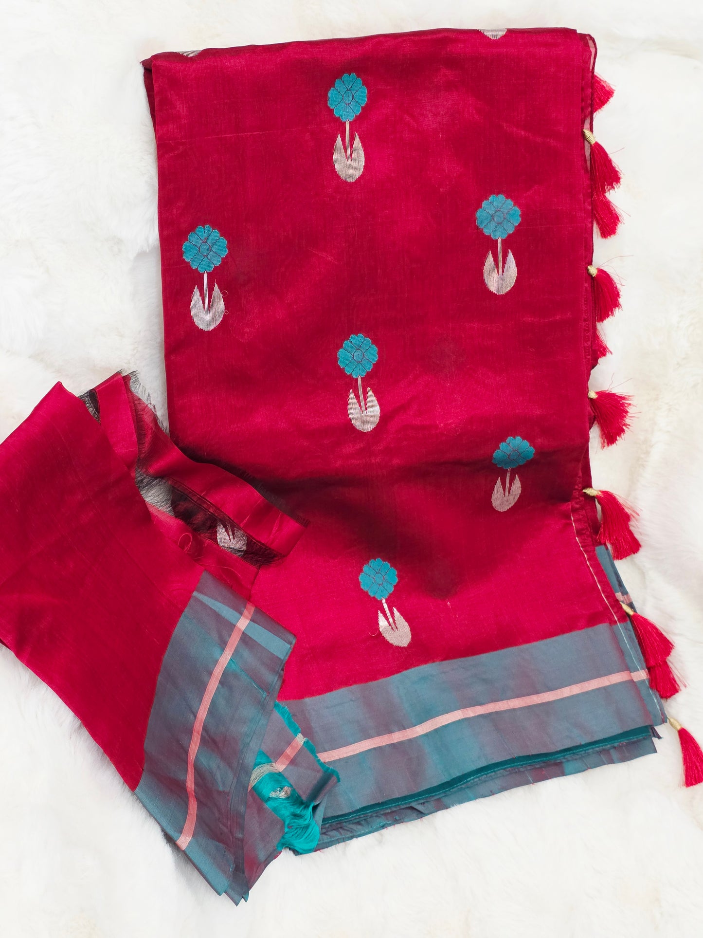 Royal Maroon Red & Aqua Blue Pure Chanderi Silk Saree with Unstitched Blouse